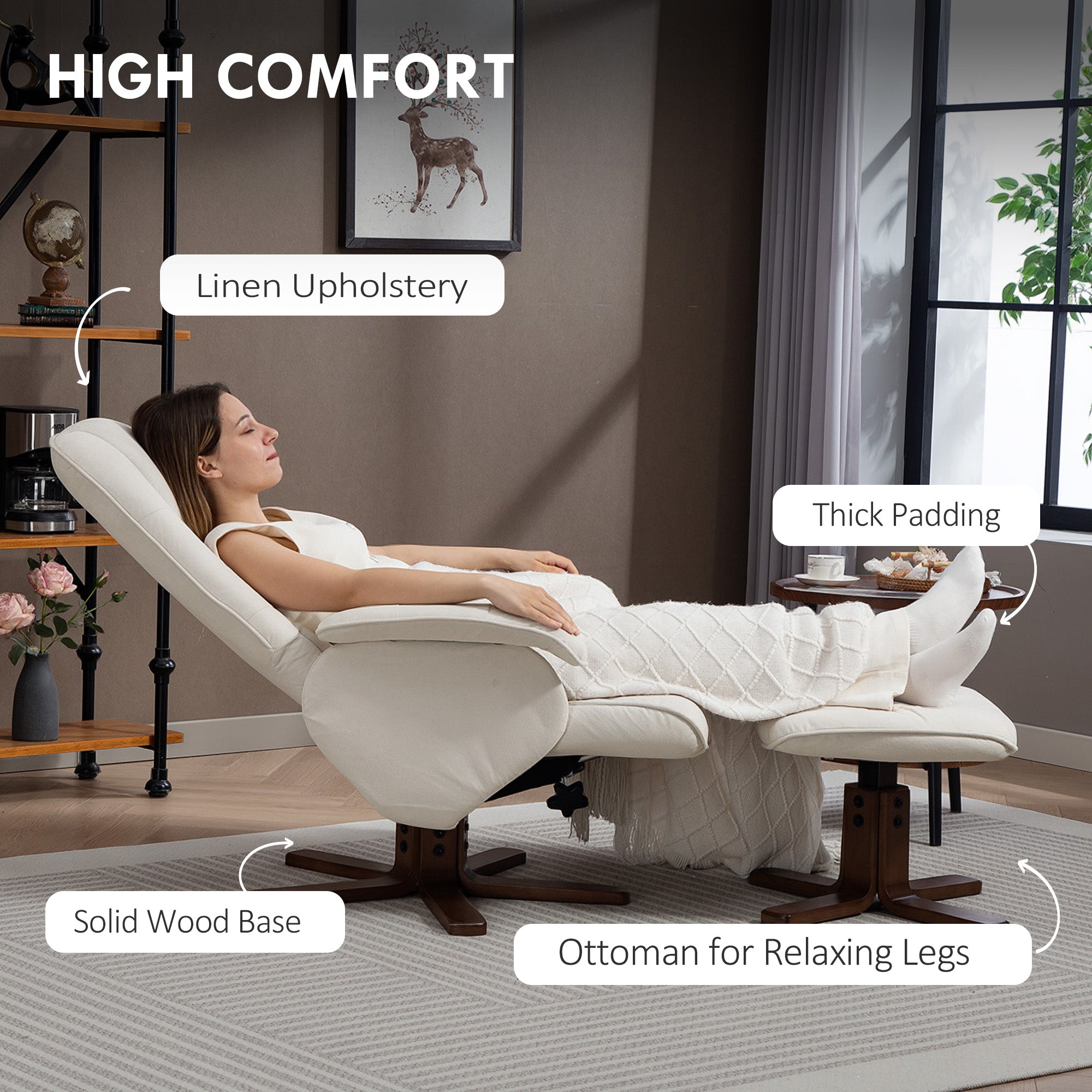 Linen Swivel Recliner Chair with Footstool, Upholstered Reclining Armchair with Wooden Base for Living Room, Beige