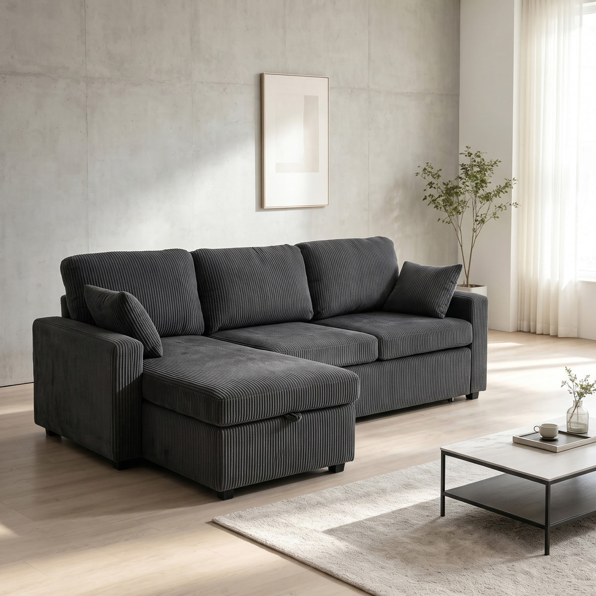 FlexLiving 81" L-Shaped Reversible Storage Sleeper Sectional, Dark Grey