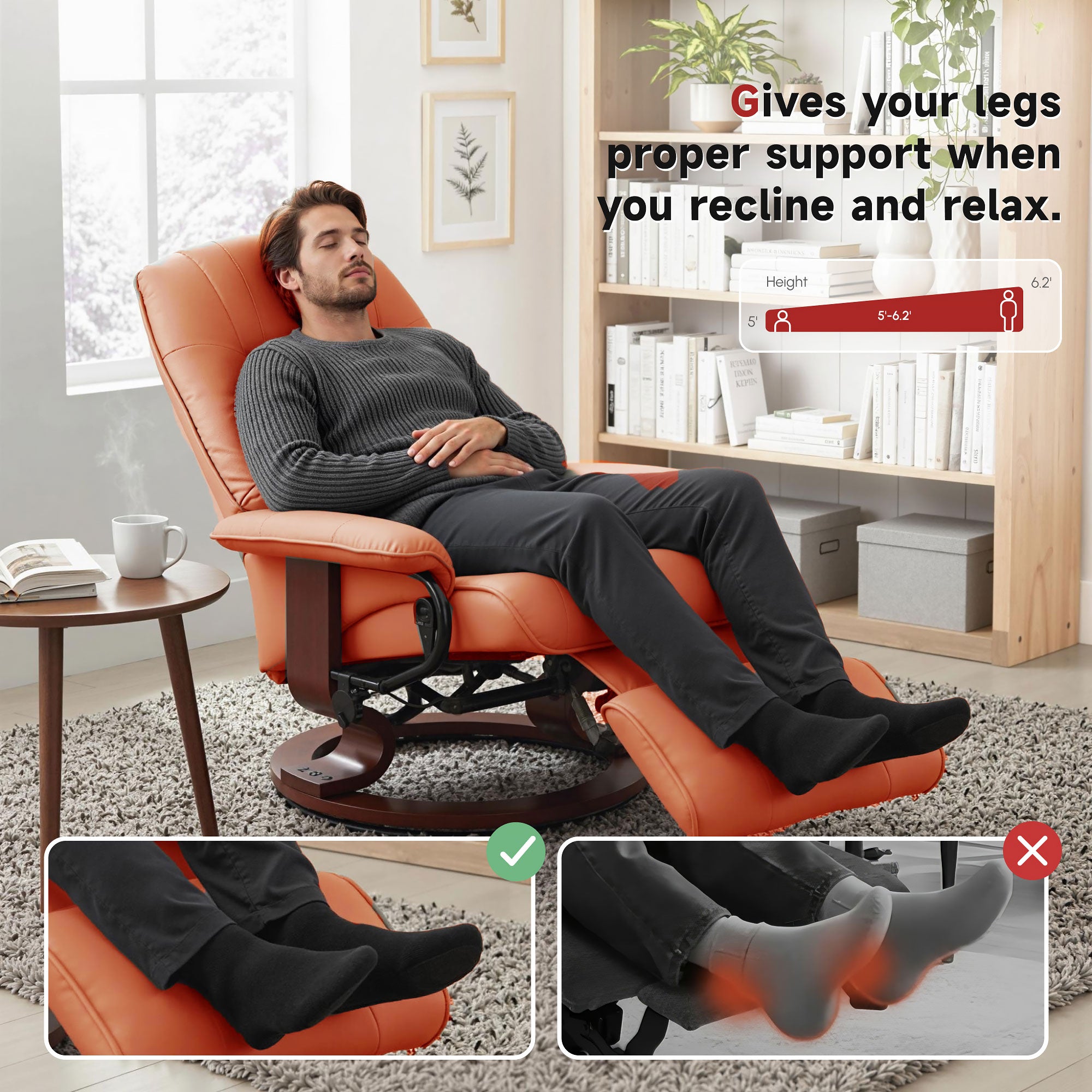 EaseRest Faux Leather Recliner Chair, Swivel Recliner w/ Footrest, Armrest & Wood Base, Orange - HOMCOM