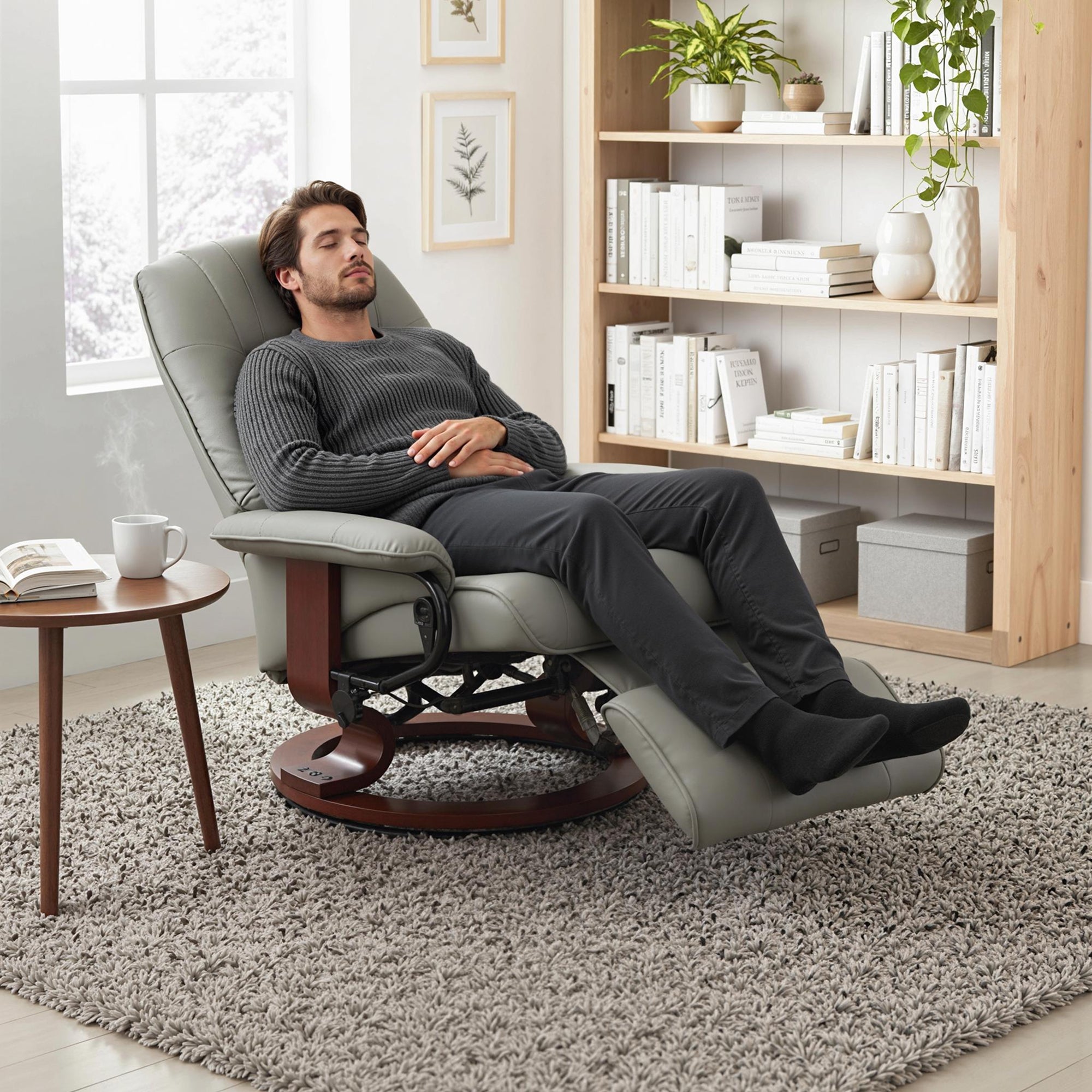 Manual Recliner Chair with Faux Leather Upholstered & Wooden Base for Living Room, Grey - HOMCOM