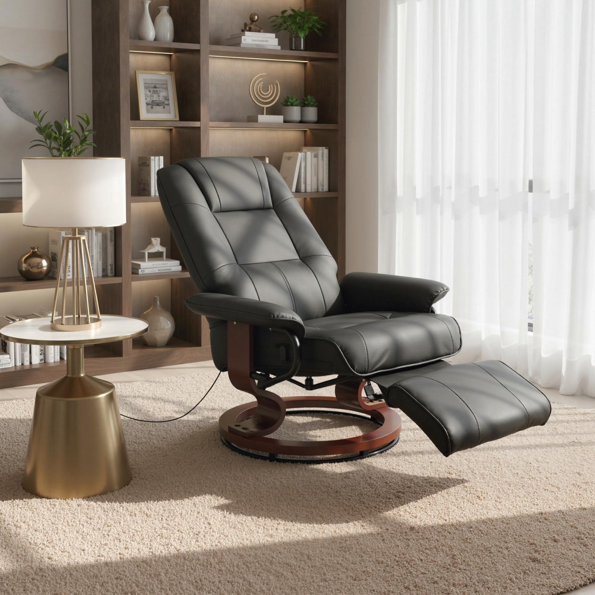 Manual Recliner Chair with Faux Leather Upholstered & Wooden Base for Living Room, Black - HOMCOM