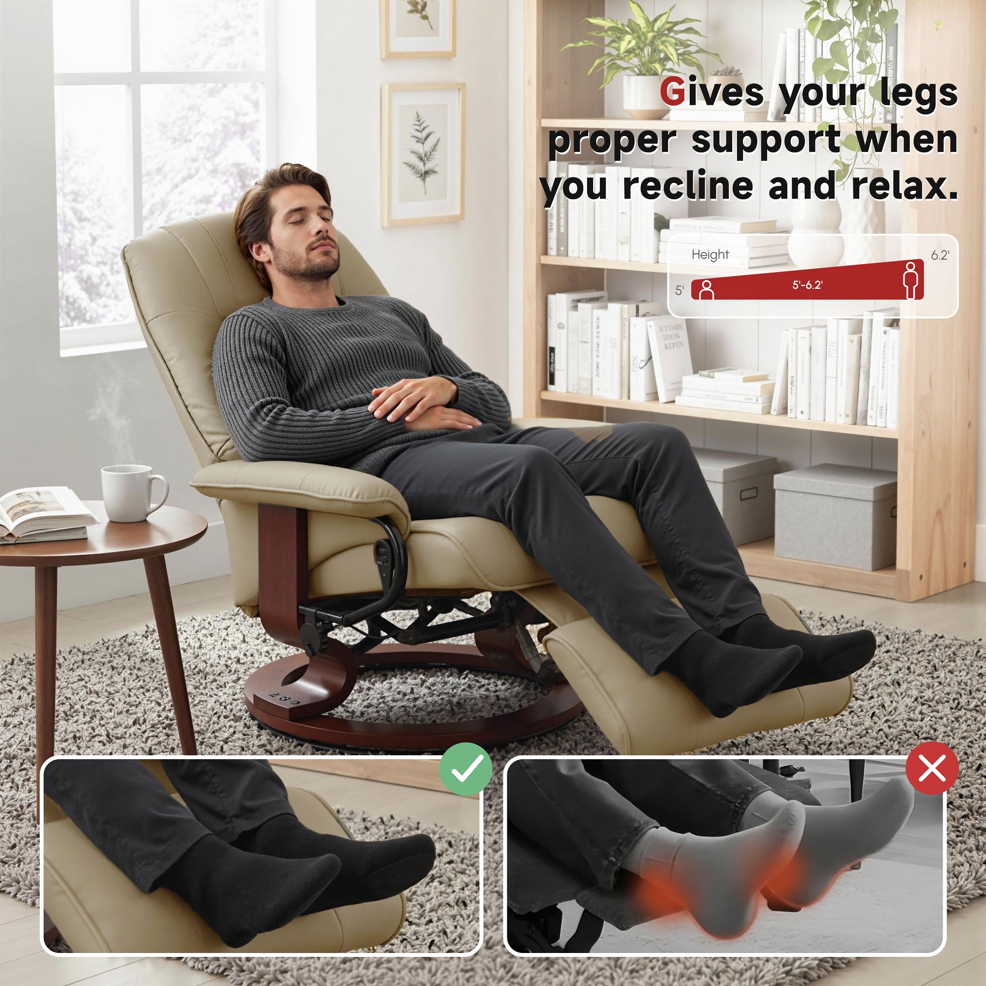 EaseRest Faux Leather Recliner Chair, Swivel Recliner w/ Footrest, Armrest & Wood Base, Cream White - HOMCOM