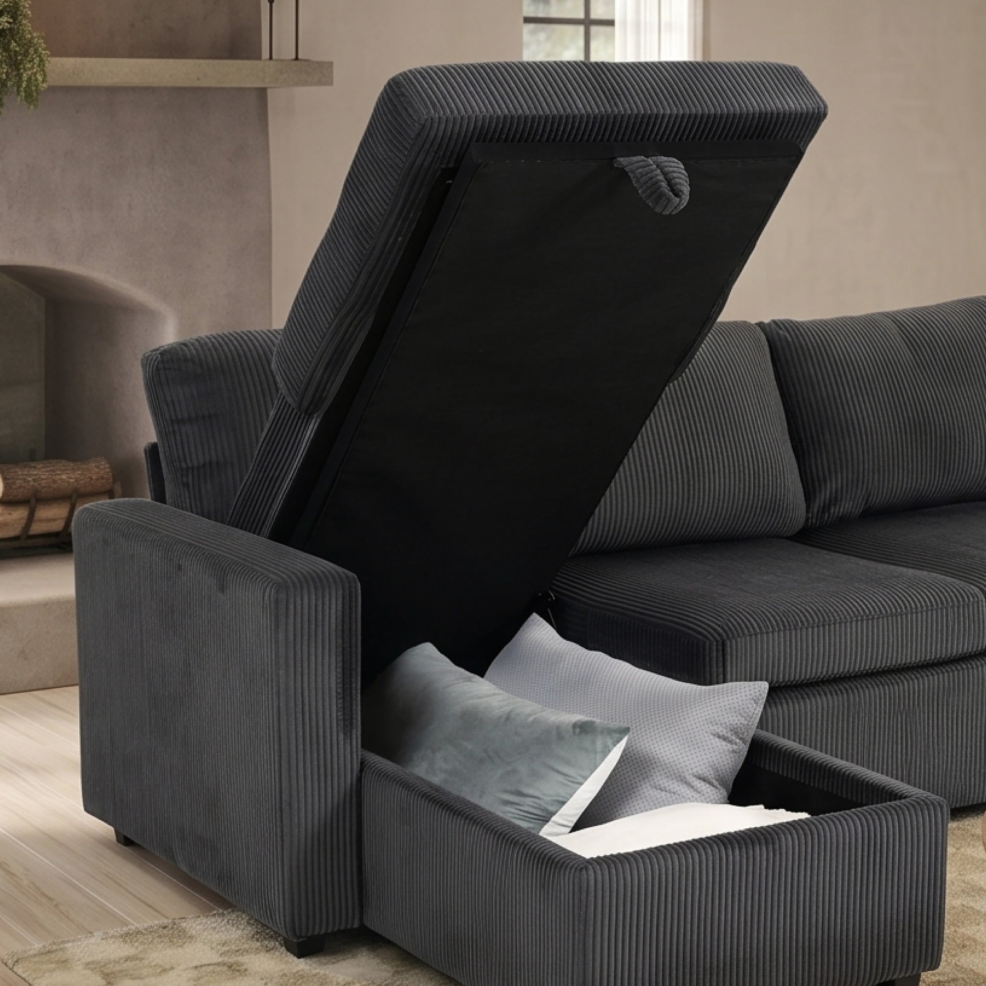 FlexLiving 111" U-Shaped Dual-Storage Sleeper Sectional, Charcoal Grey