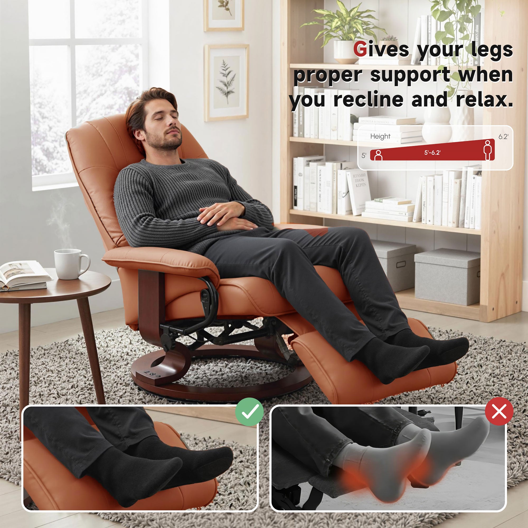EaseRest Faux Leather Recliner Chair, Swivel Recliner w/ Footrest, Armrest & Wood Base, Light Brown - HOMCOM