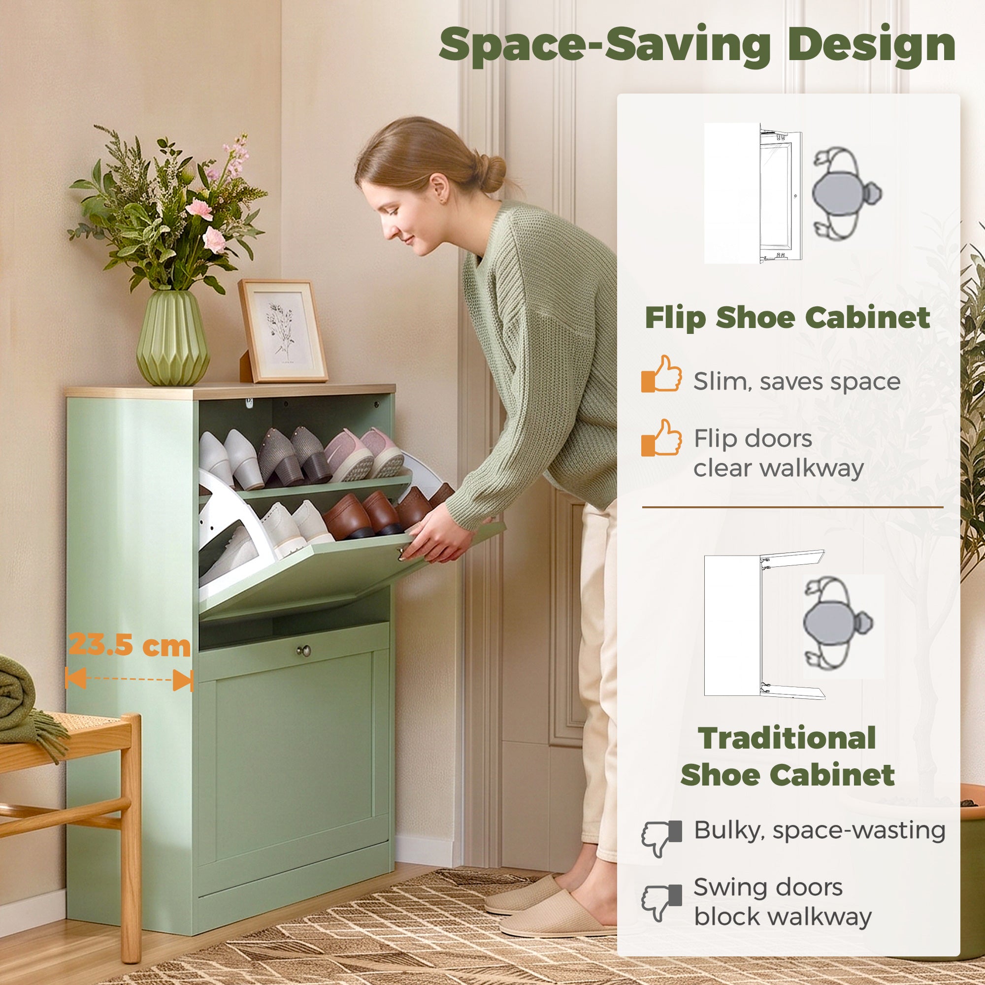 Shoe Storage Cabinet with 2 Flip Drawers, Wooden Freestanding Shoe Organizer with Adjustable Shelves for Entryway, Hallway, Green