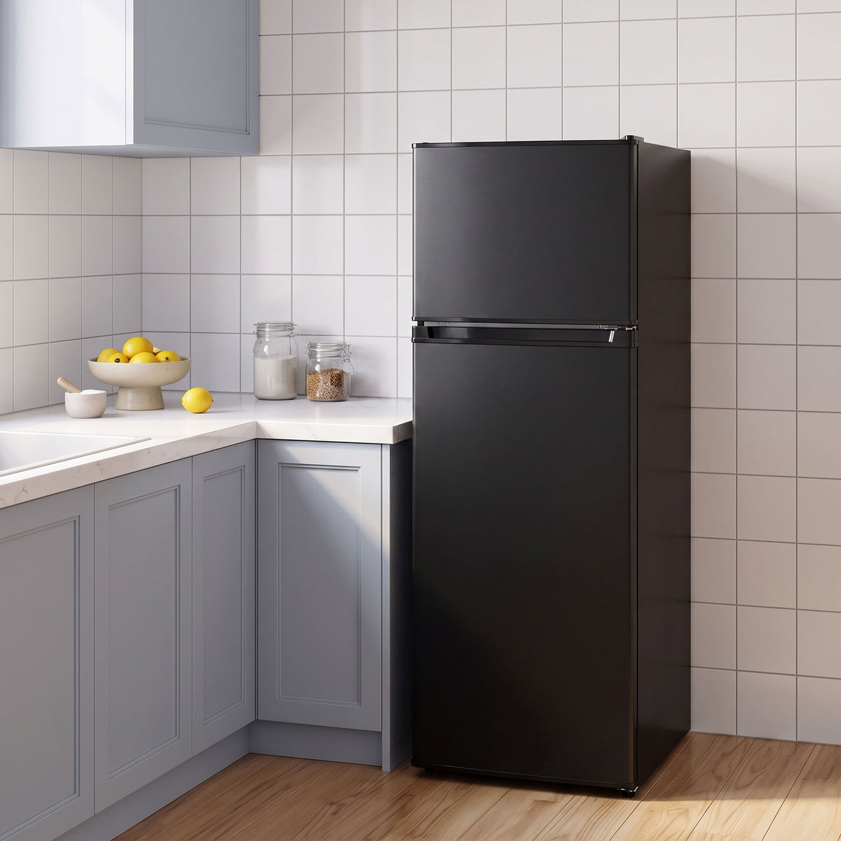 7.7 Cu. Ft. Mini Fridge with Freezer, Double Door Compact Refrigerator with Adjustable Thermostat, Reversible Door, Removable Glass Shelves, Small Refrigerator for Bedroom, Office, Dorm