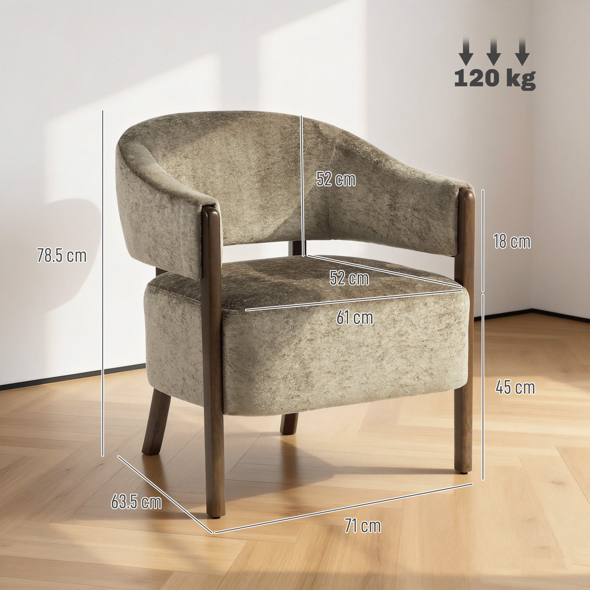 Accent Chair, Chenille Upholstered Tub Chair with Solid Wood Frame and Legs, Comfy Armchair for Living Room, Bedroom, Light Brown