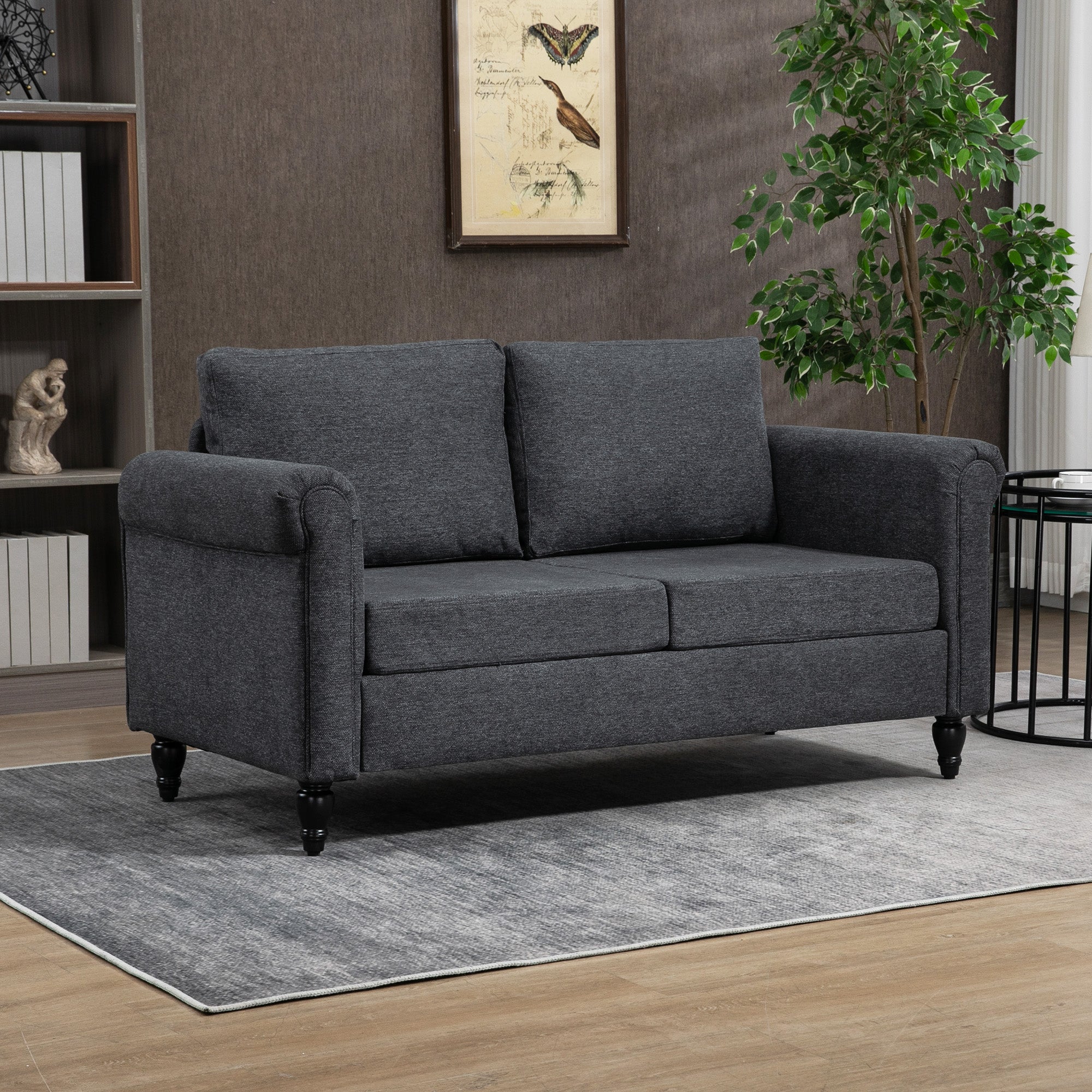 HOMCOM Vintage Loveseat, Upholstered Love Seat Furniture, Fabric 2 Seater Sofa with Rolled Arms, Gourd-Shaped Rubber Wood Legs, Dark Grey