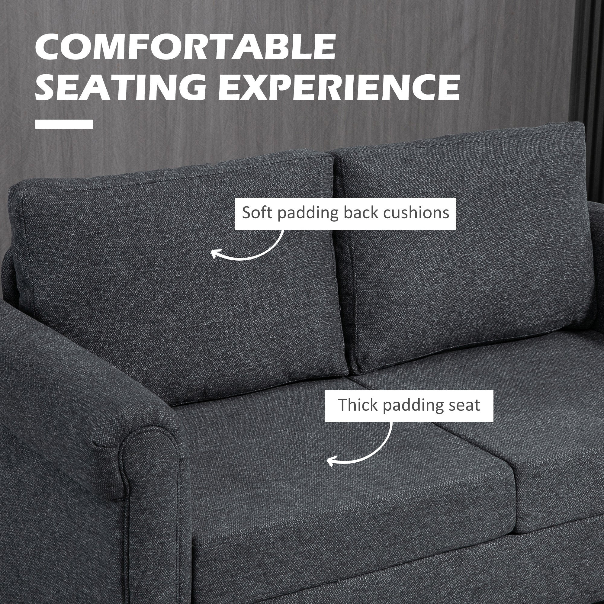 HOMCOM Vintage Loveseat, Upholstered Love Seat Furniture, Fabric 2 Seater Sofa with Rolled Arms, Gourd-Shaped Rubber Wood Legs, Dark Grey