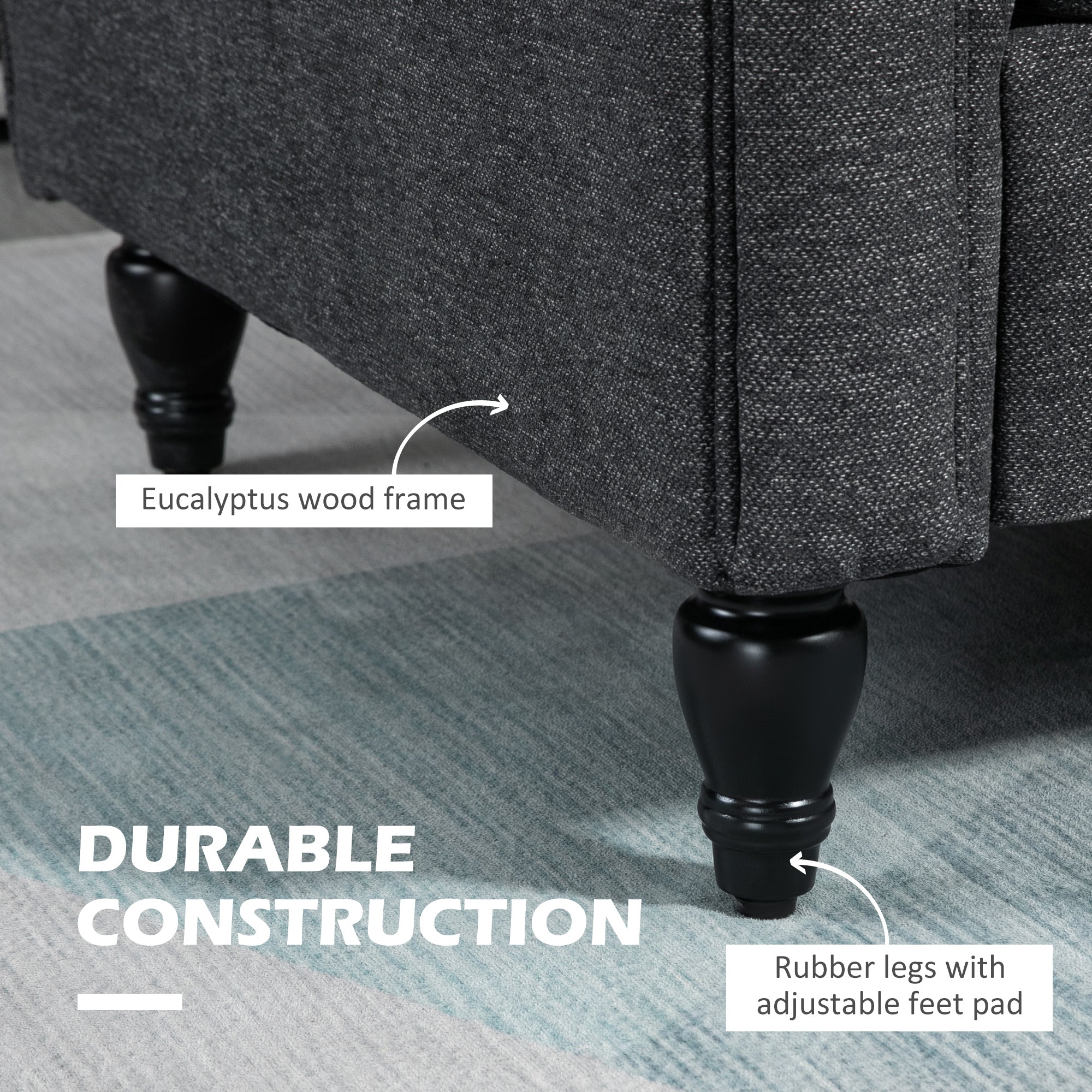 HOMCOM Vintage Loveseat, Upholstered Love Seat Furniture, Fabric 2 Seater Sofa with Rolled Arms, Gourd-Shaped Rubber Wood Legs, Dark Grey