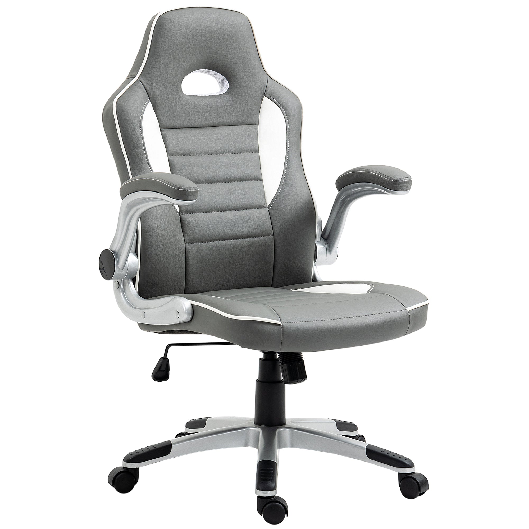 Vinsetto Computer Gaming Chair, Office Desk Swivel Chair, PU Leather Racing Chair with 90° Flip-up Armrest, Adjustable Height and Rolling Wheels, Grey