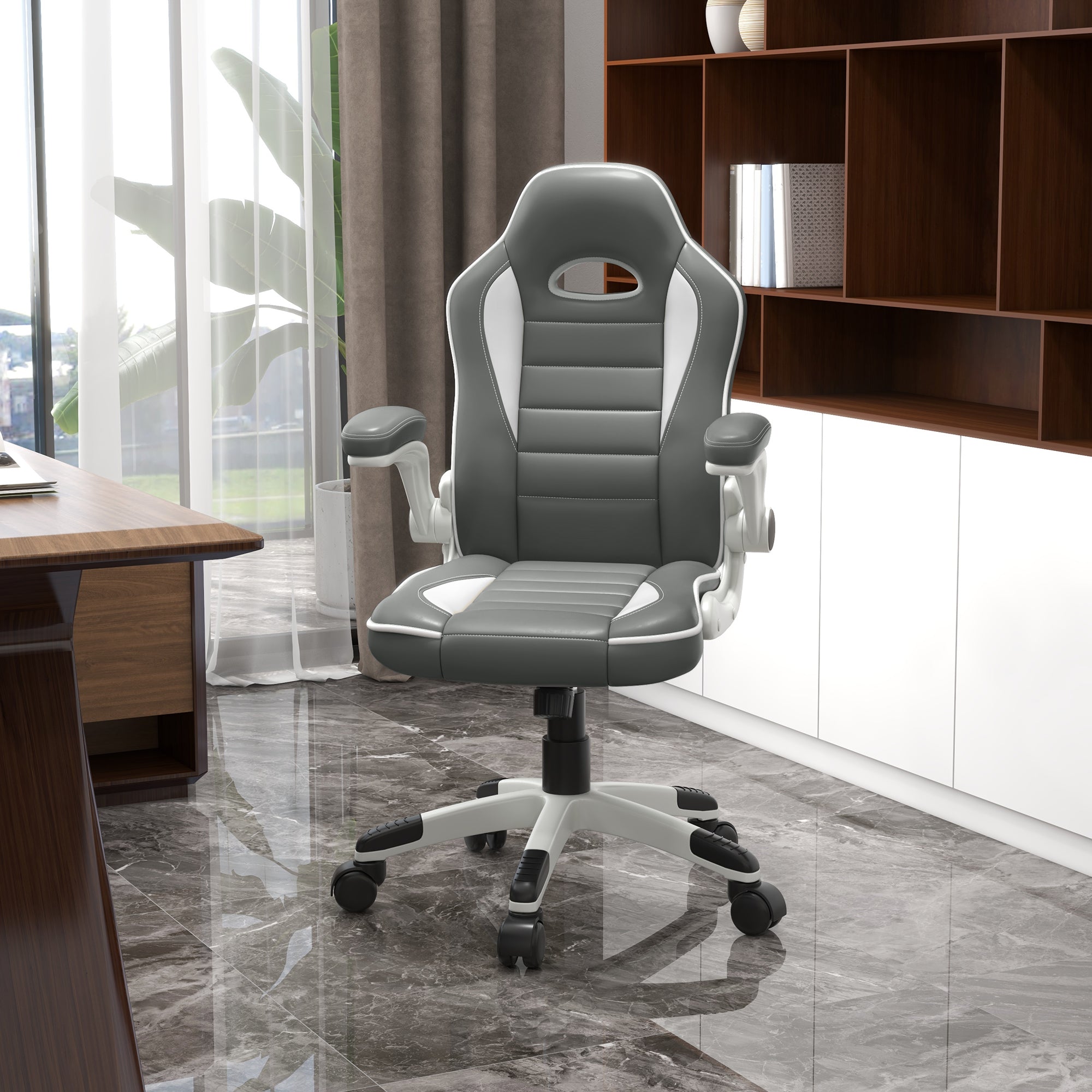 Vinsetto Computer Gaming Chair, Office Desk Swivel Chair, PU Leather Racing Chair with 90° Flip-up Armrest, Adjustable Height and Rolling Wheels, Grey
