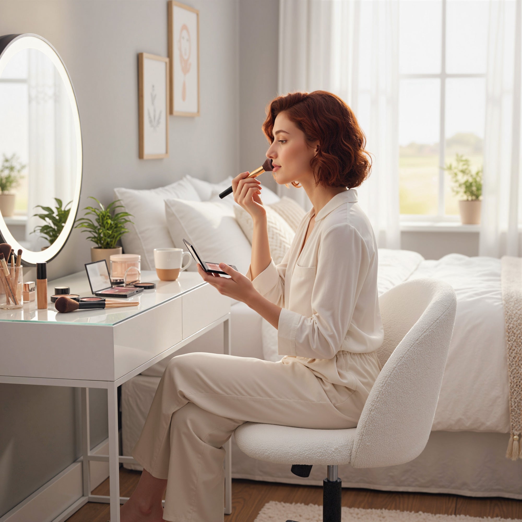 Computer Desk Chair, Teddy Fleece Swivel Office Chair with Height Adjustable, Wheels, High-Resilience Foam, Tilting Function, for Home Study Bedroom Makeup Vanity, Cream White