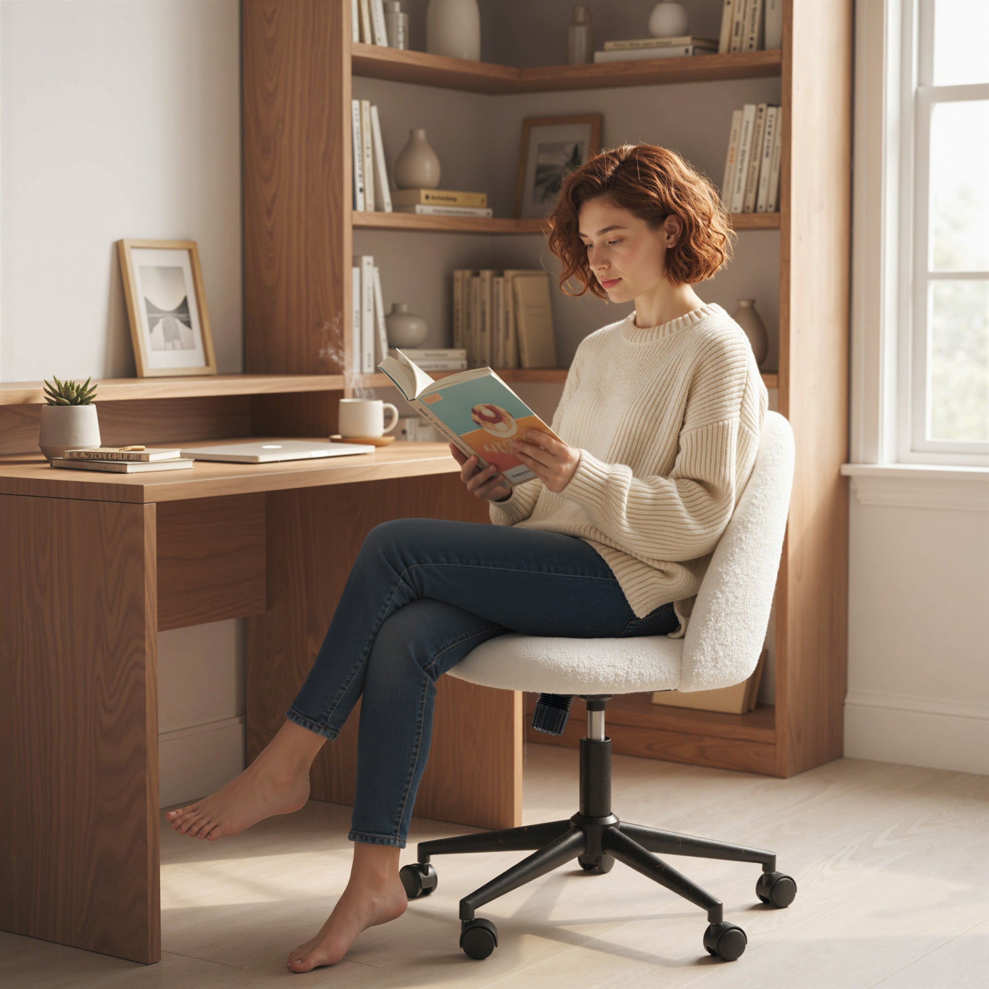 Computer Desk Chair, Teddy Fleece Swivel Office Chair with Height Adjustable, Wheels, High-Resilience Foam, Tilting Function, for Home Study Bedroom Makeup Vanity, Cream White