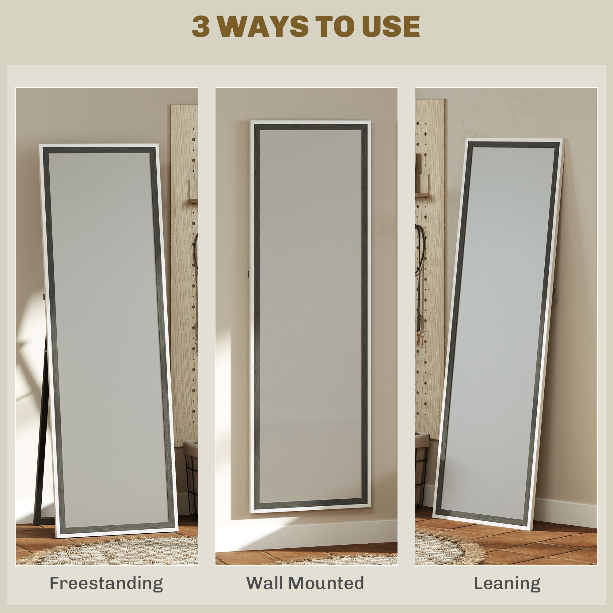 HOMCOM Full Length Mirror, 64" x 21" Full Body Mirror with Frame, Free Standing, Leaning or Wall Mirror for Bedroom, Living Room, Grey Wood Grain