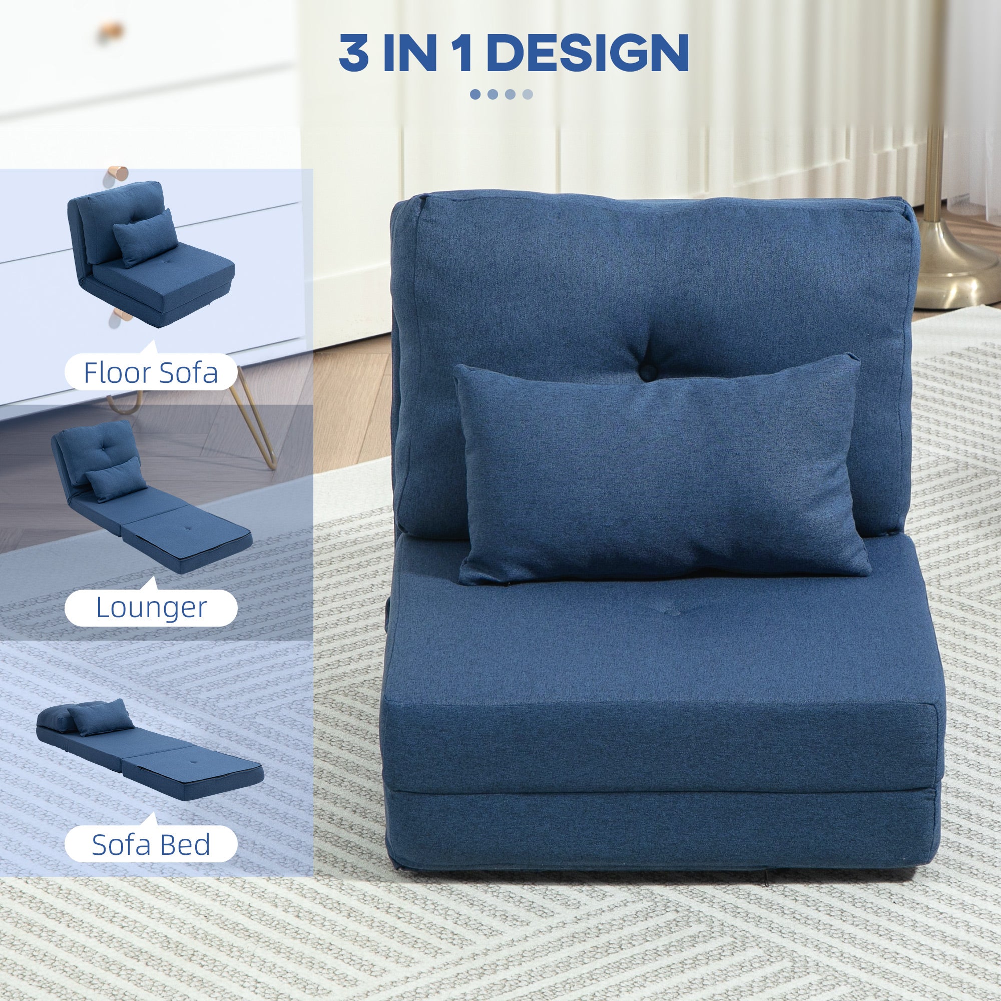 Convertible Chair, Floor Lazy Sofa with Adjustable Backrest, Dark Blue