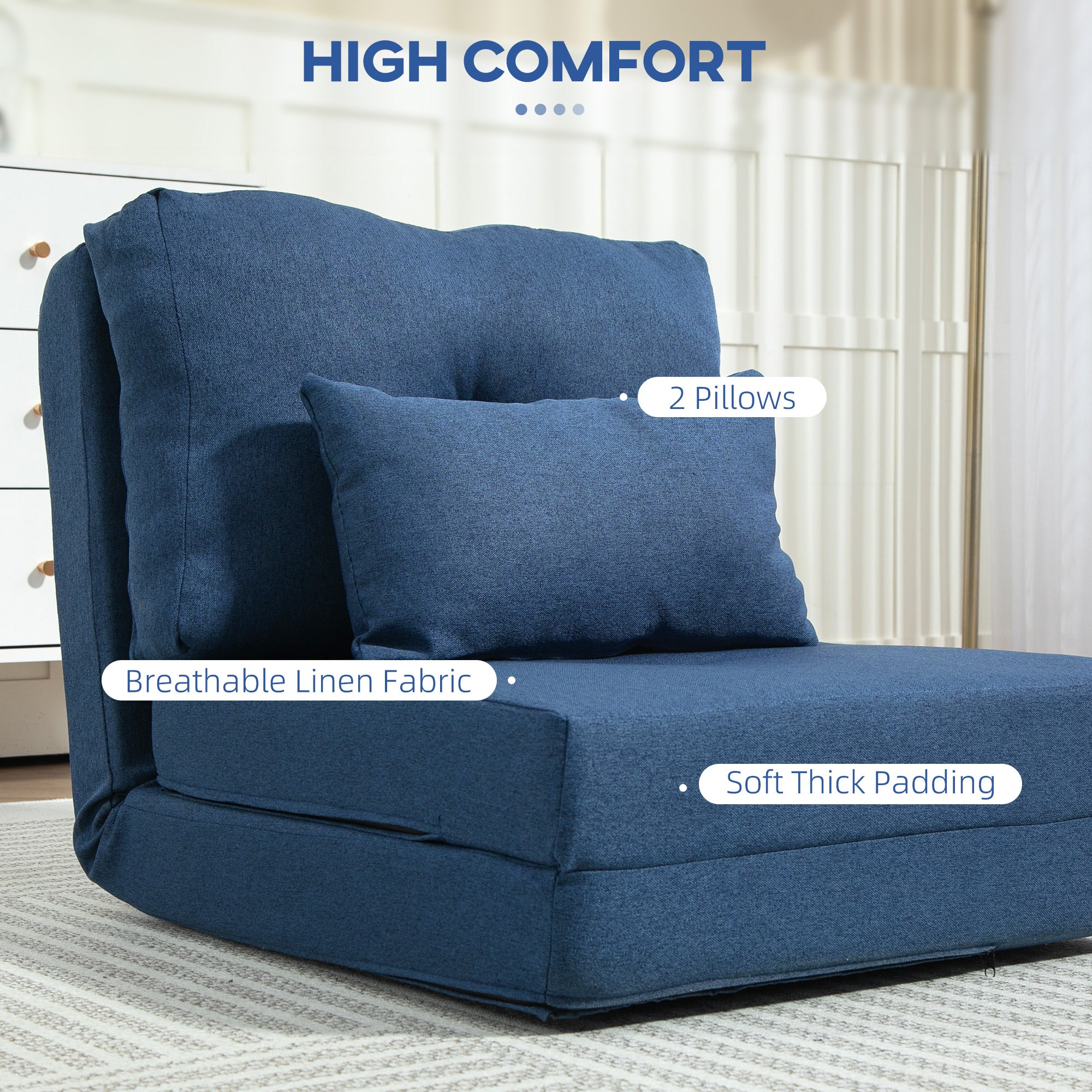 Convertible Chair, Floor Lazy Sofa with Adjustable Backrest, Dark Blue