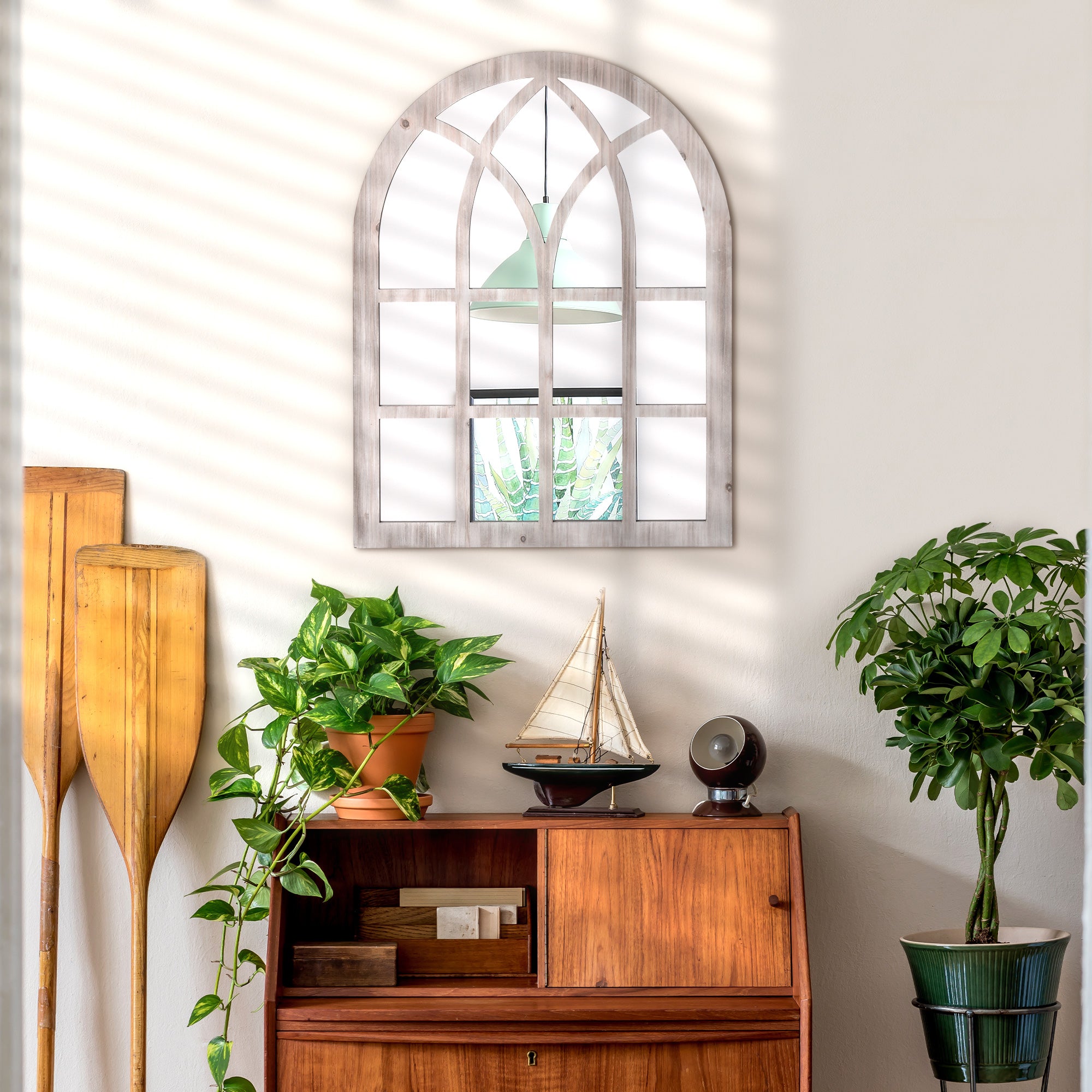 41" x 31.5" Large Rustic Arch Window Mirror for Living Room, Bedroom, Entryway, Natural