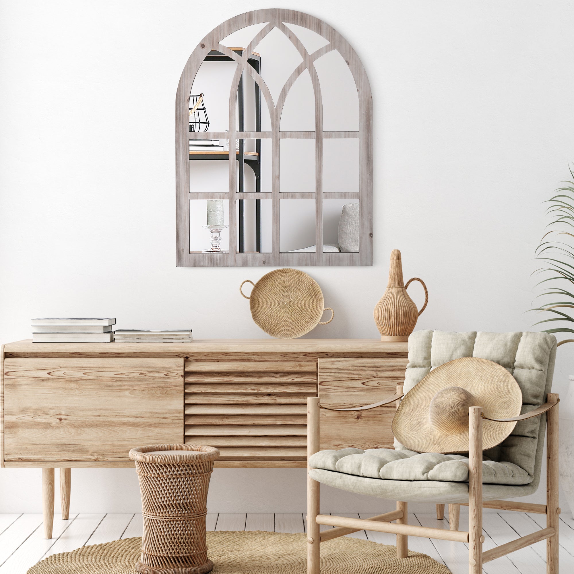 41" x 31.5" Large Rustic Arch Window Mirror for Living Room, Bedroom, Entryway, Natural
