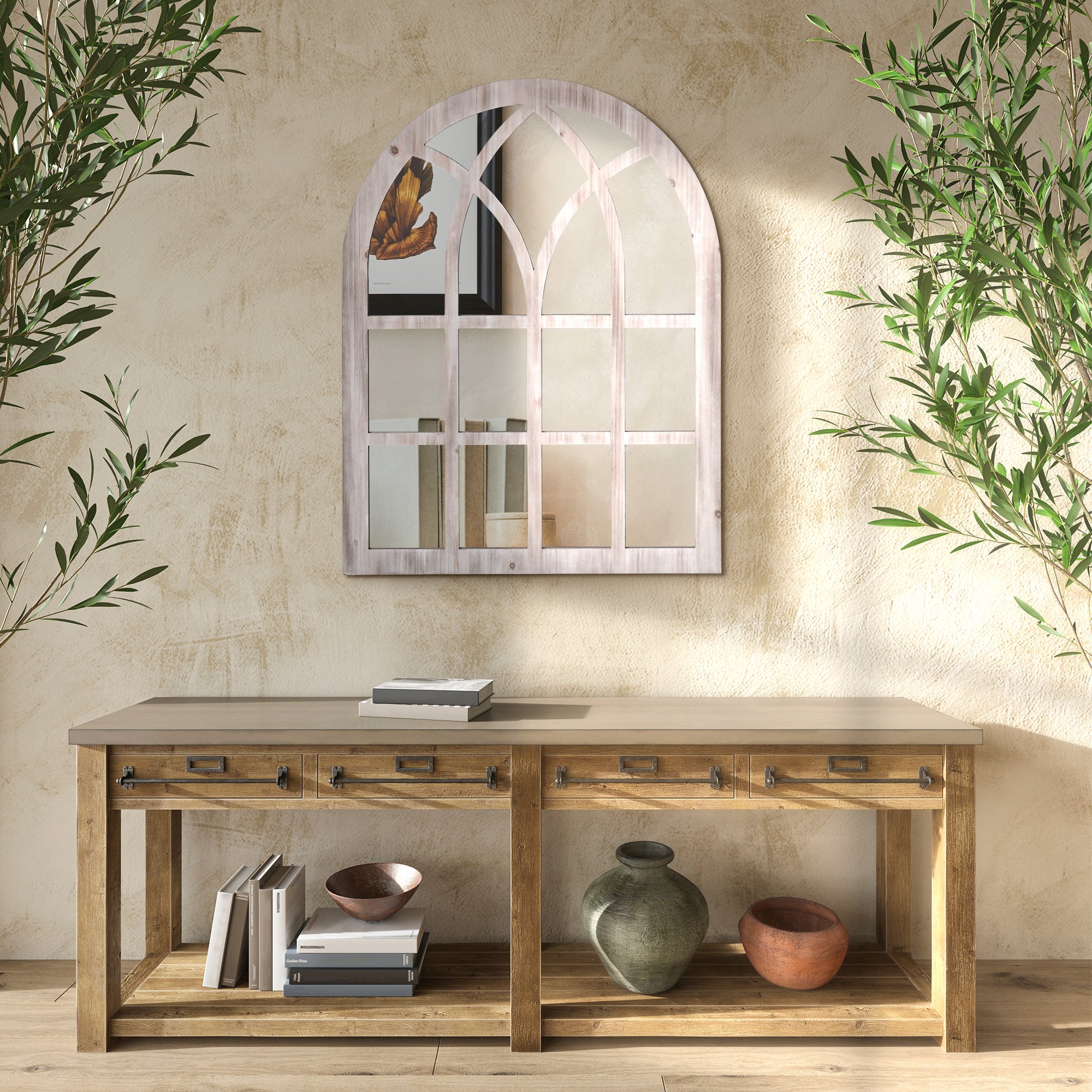 41" x 31.5" Large Rustic Arch Window Mirror for Living Room, Bedroom, Entryway, Natural