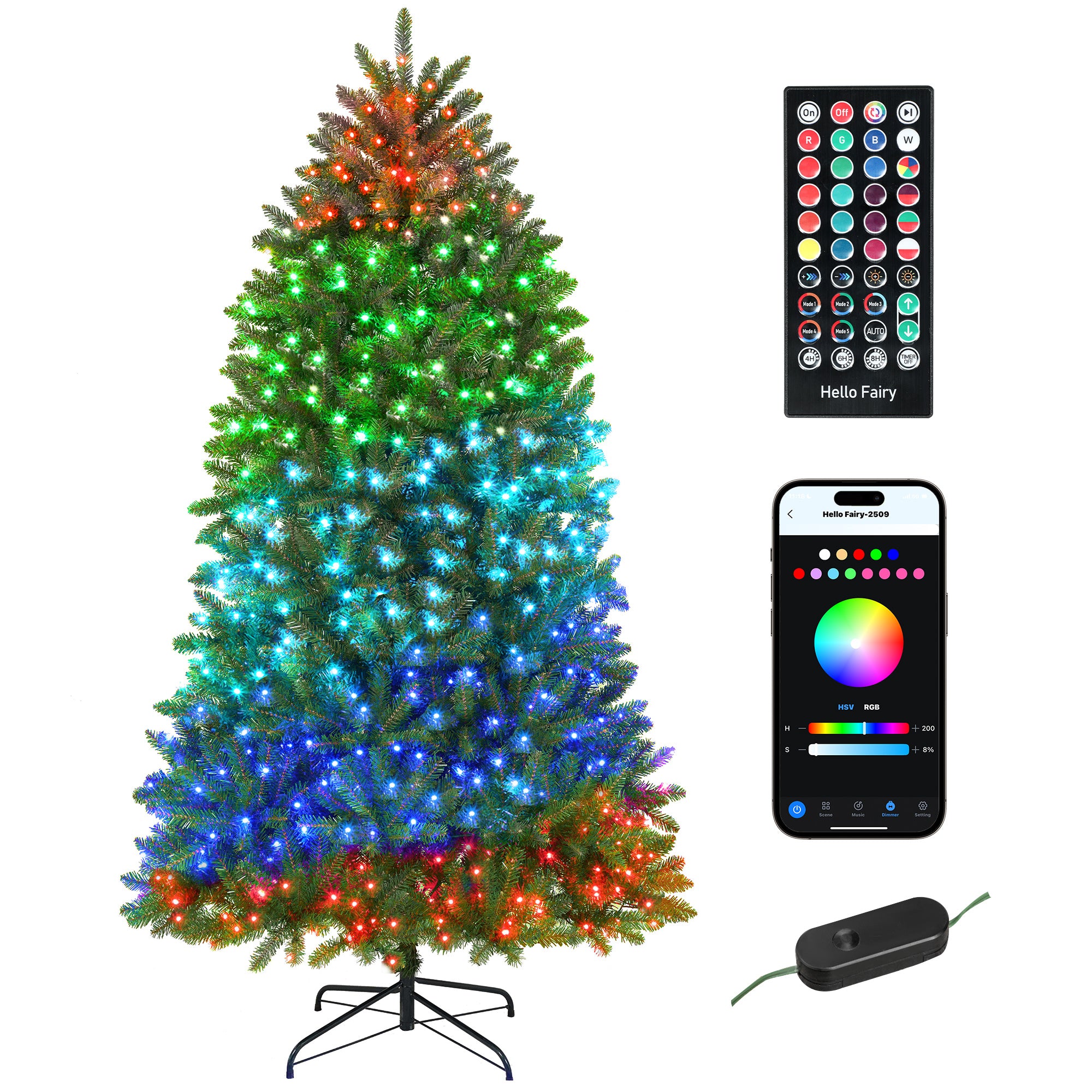 6ft Smart Prelit Christmas Tree with Full-Spectrum RGB Dimmable LEDs, App and Remote Control, Wide Full Hinged Xmas Tree, Easy Assembly, Artificial Holiday Decoration, Green
