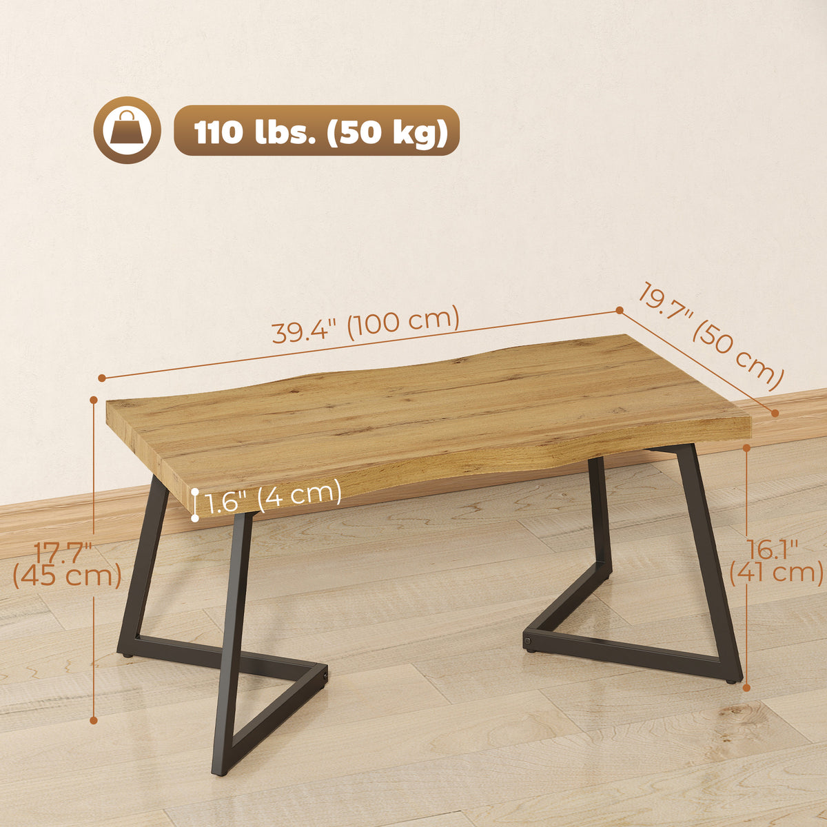 Modern Coffee Table, Living Room Table with Curved Thick Top and Metal Legs for Living Room, Bedroom, Office, 39.4" x 19.7" x 17.7", Oak