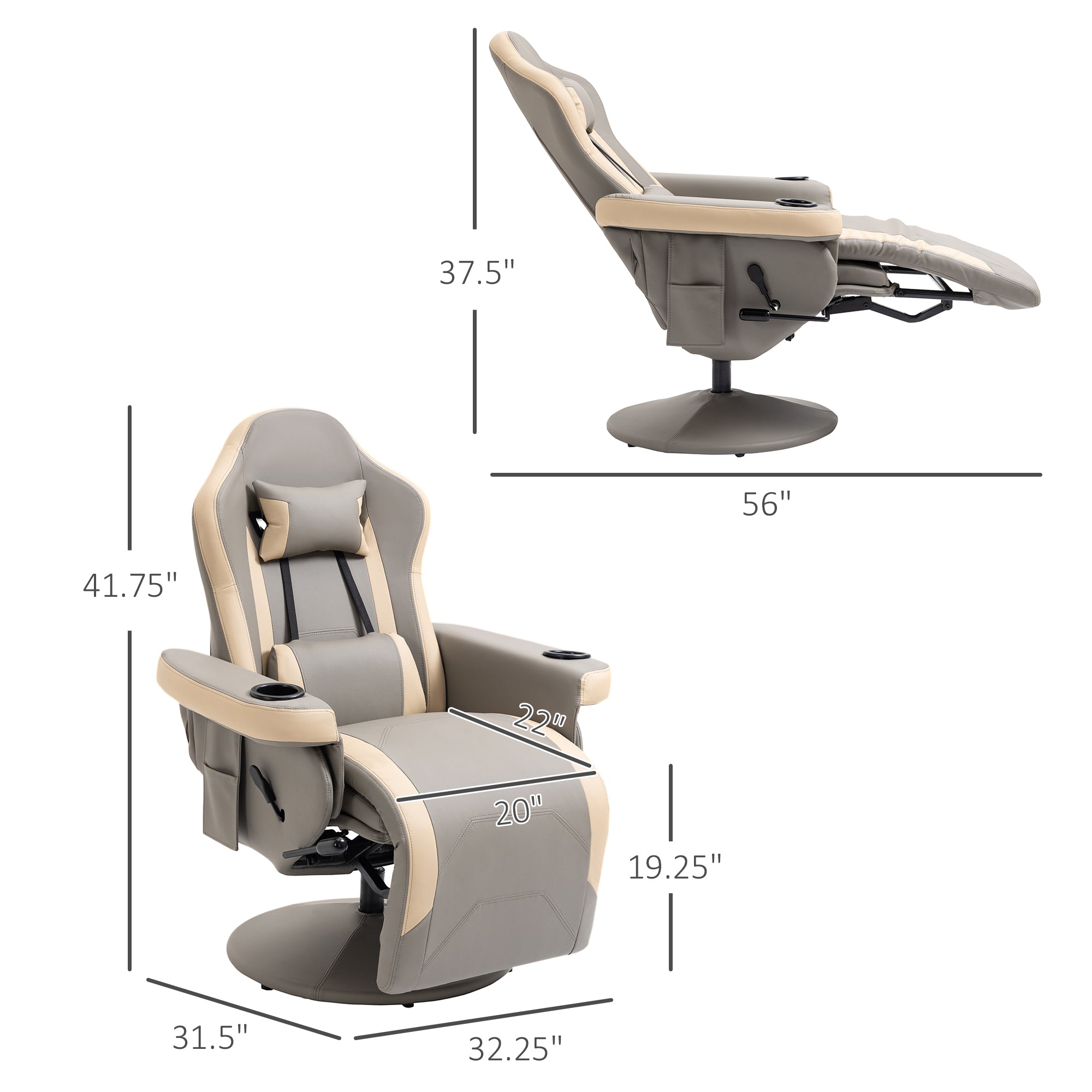 360° Swivel Manual Recliner Armchair, PU Leather Lounge Chair w/ Adjustable Rest, Grey