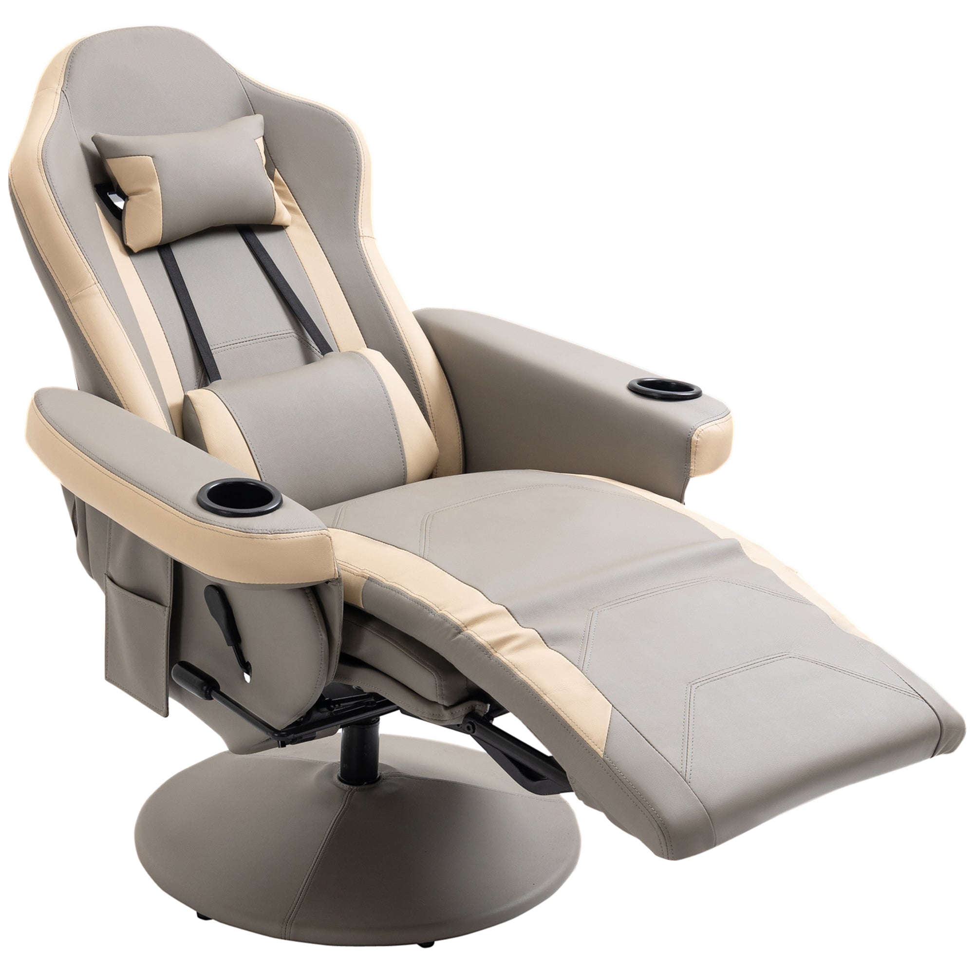 360° Swivel Manual Recliner Armchair, PU Leather Lounge Chair w/ Adjustable Rest, Grey