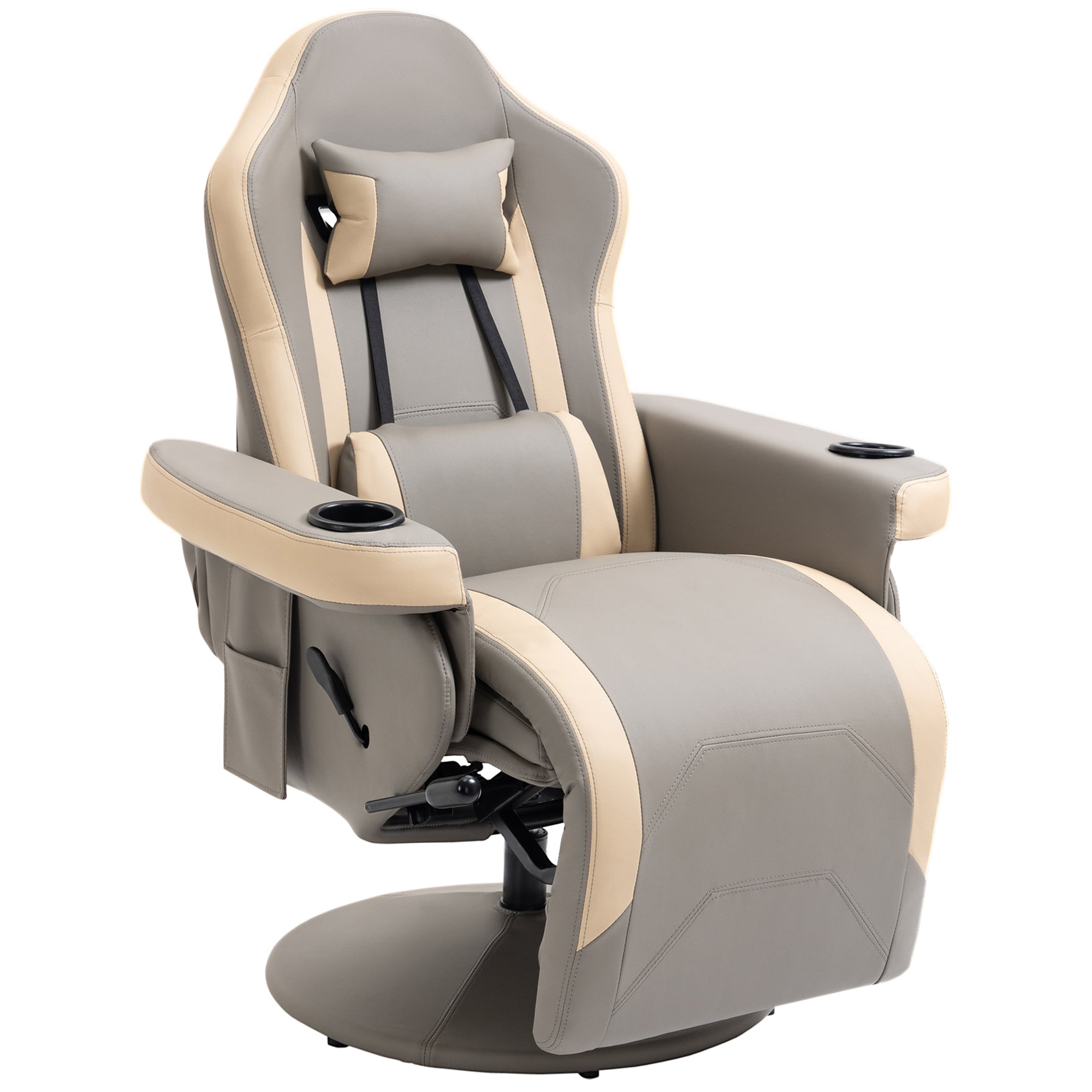 360° Swivel Manual Recliner Armchair, PU Leather Lounge Chair w/ Adjustable Rest, Grey