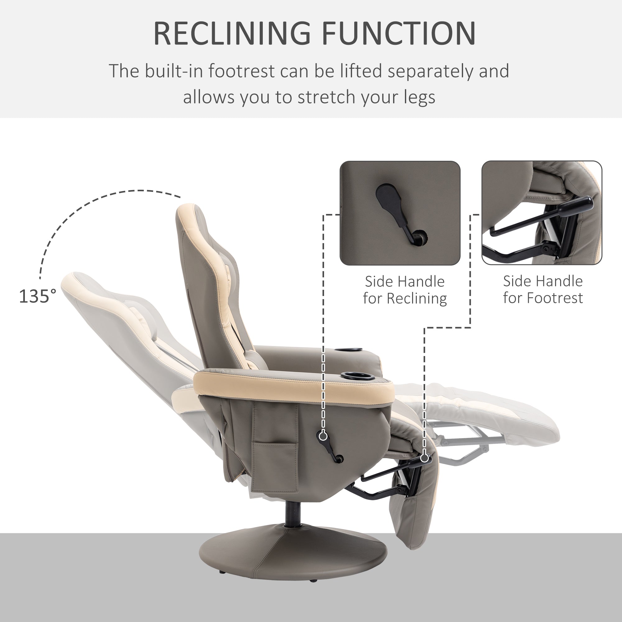 360° Swivel Manual Recliner Armchair, PU Leather Lounge Chair w/ Adjustable Rest, Grey
