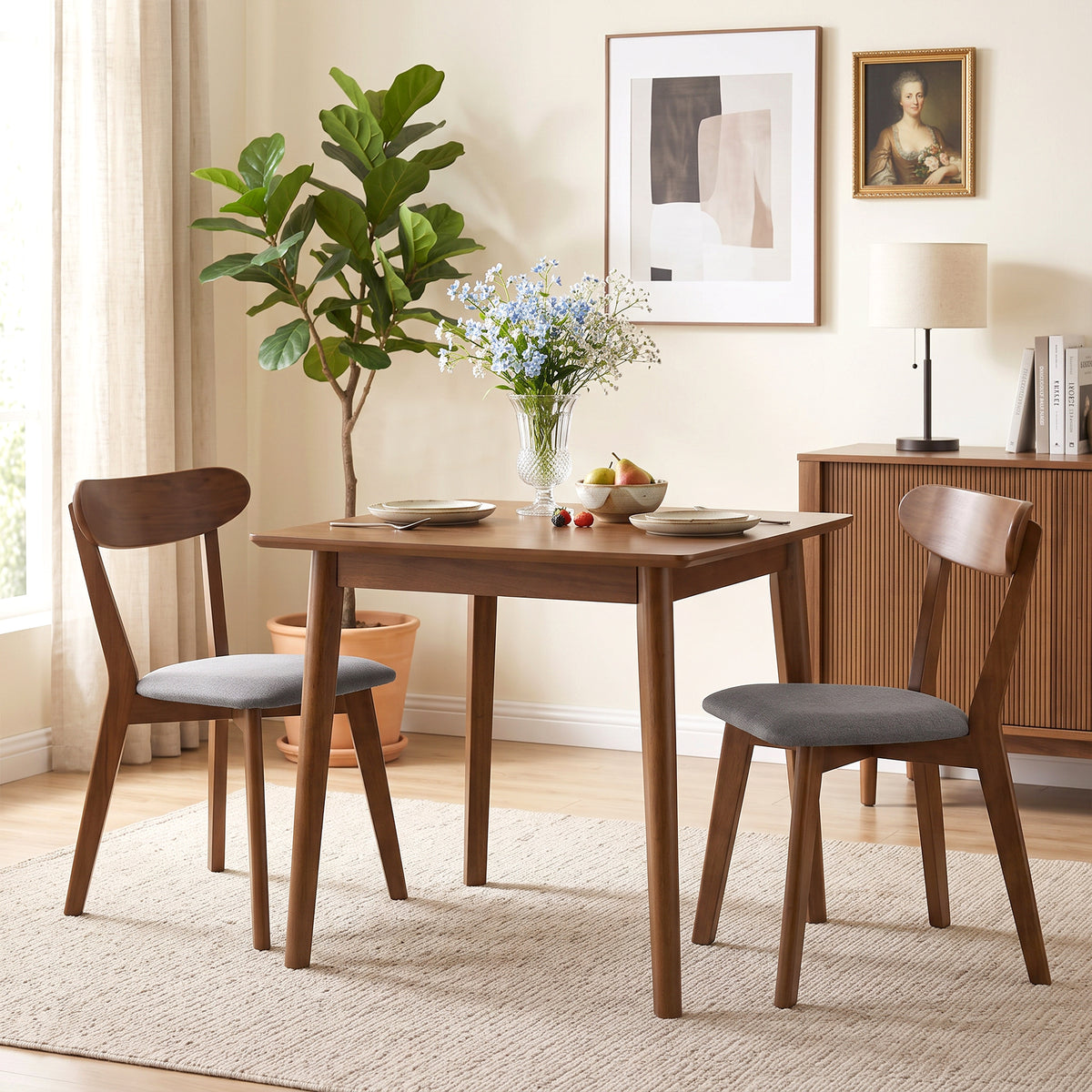 Dining Chairs Set of 2, Mid-Century Modern Upholstered Kitchen Chairs with Rubberwood Legs, Curved Backrest, Cushioned Seat for Dining Room, Living Room, Grey and Brown