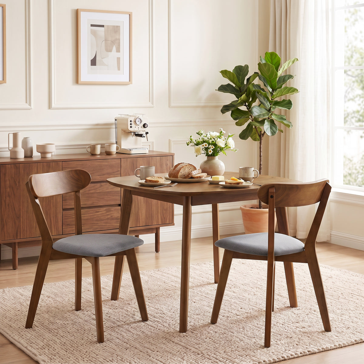 Dining Chairs Set of 2, Mid-Century Modern Upholstered Kitchen Chairs with Rubberwood Legs, Curved Backrest, Cushioned Seat for Dining Room, Living Room, Grey and Brown