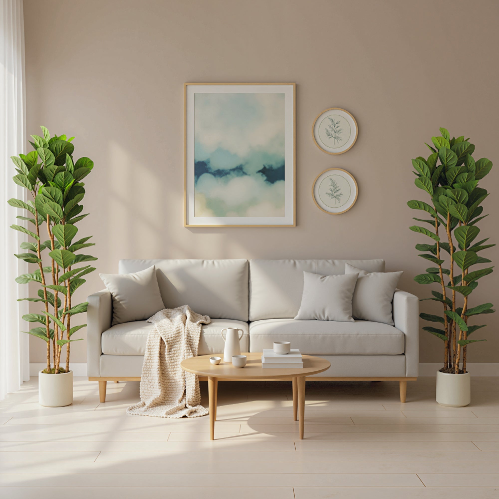 6FT Artificial Fiddle Leaf Fig Tree Set of 2 with Solid Wood Trunks, Lifelike Fake Tree with 91 Leaves in Pot for Indoor Living Room Office Home Decor, Green