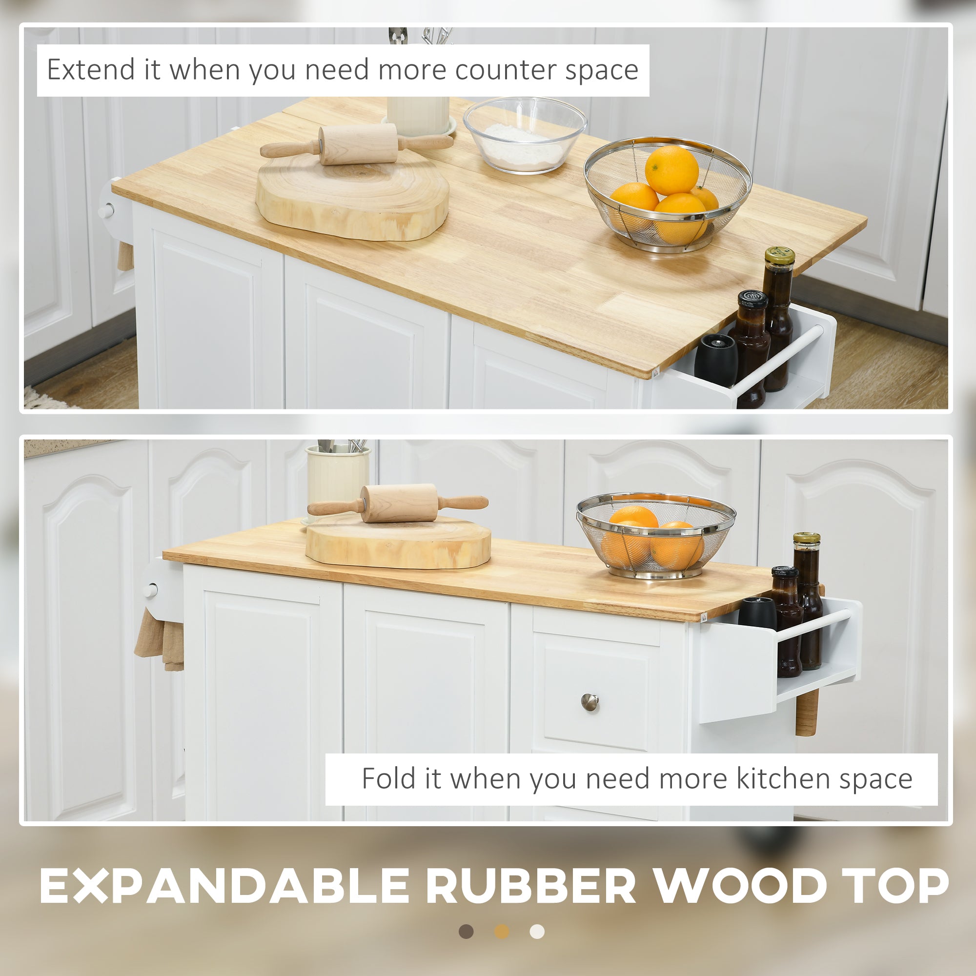 Rolling Kitchen Island with Drop Leaf, 3 Drawers, Cabinet & Natural Wood Top, White