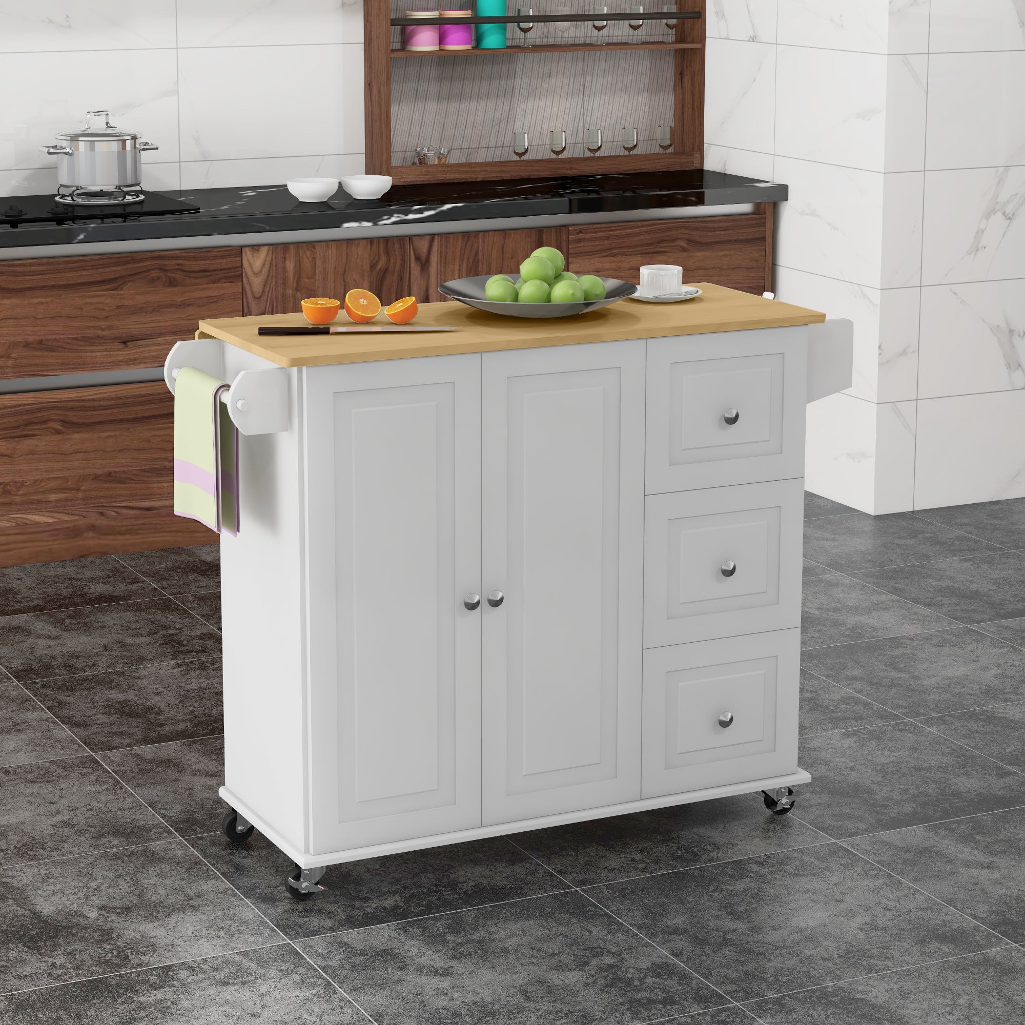 Rolling Kitchen Island with Drop Leaf, 3 Drawers, Cabinet & Natural Wood Top, White