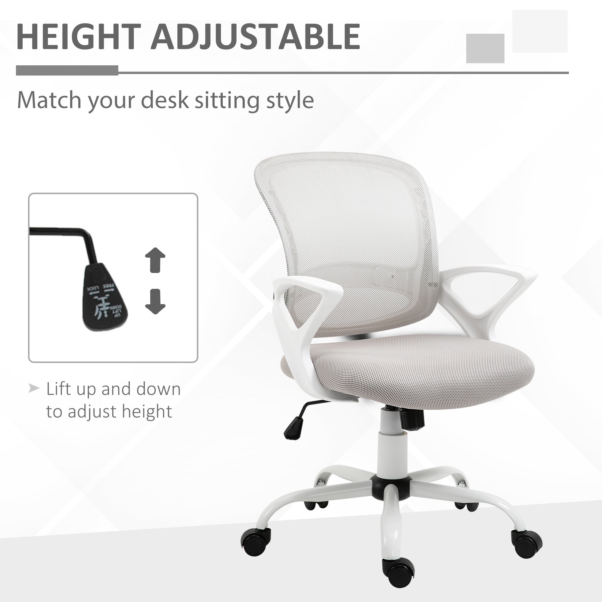 Ergonomic Mesh Office Chair, Swivel Mid Back Computer Desk Chair with Lumbar Back Support, Adjustable Height, Rocking Function, Rolling Wheels, for Home Office Study, Gray