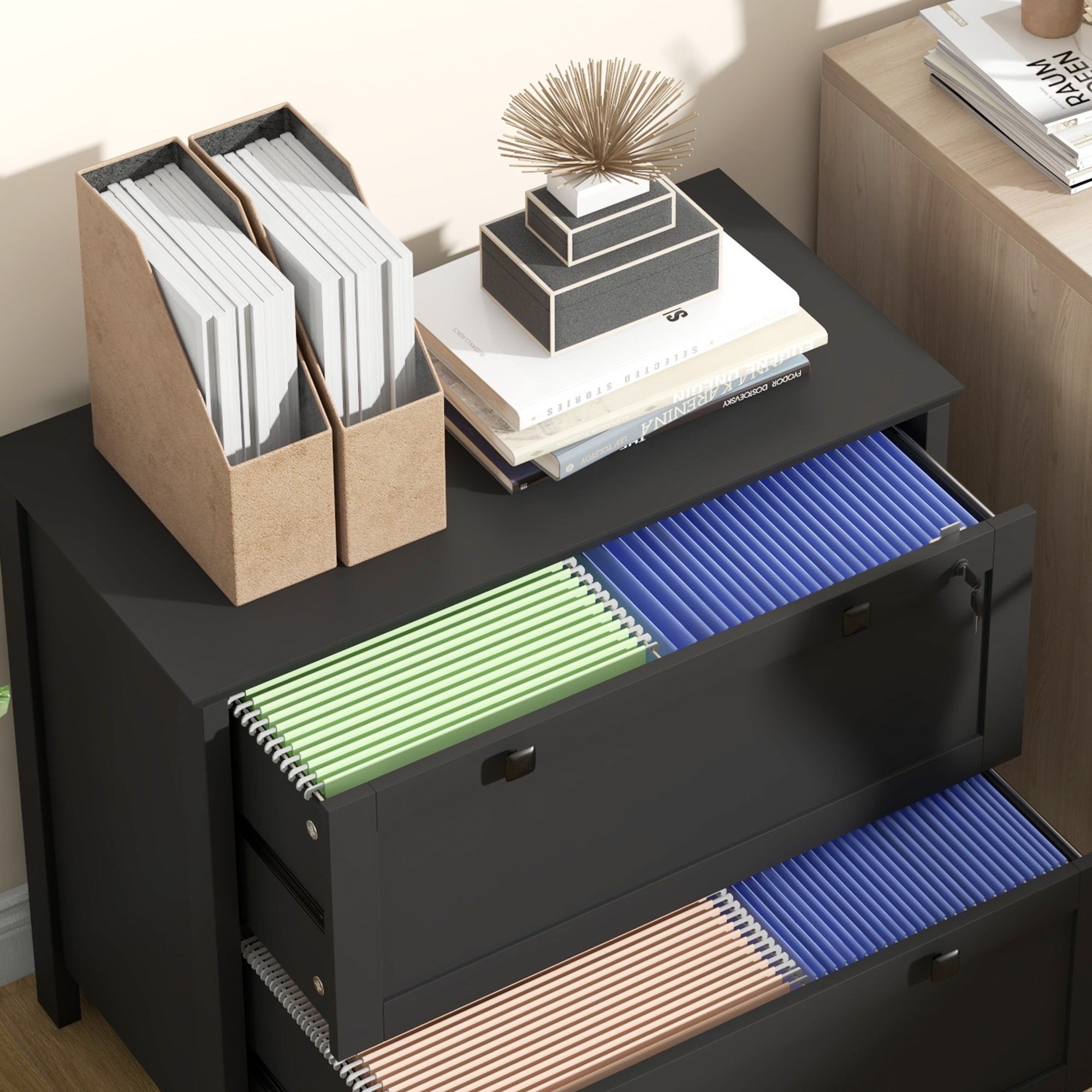 2 Drawer File Cabinet with Lock and Adjustable Hanging Bar Black