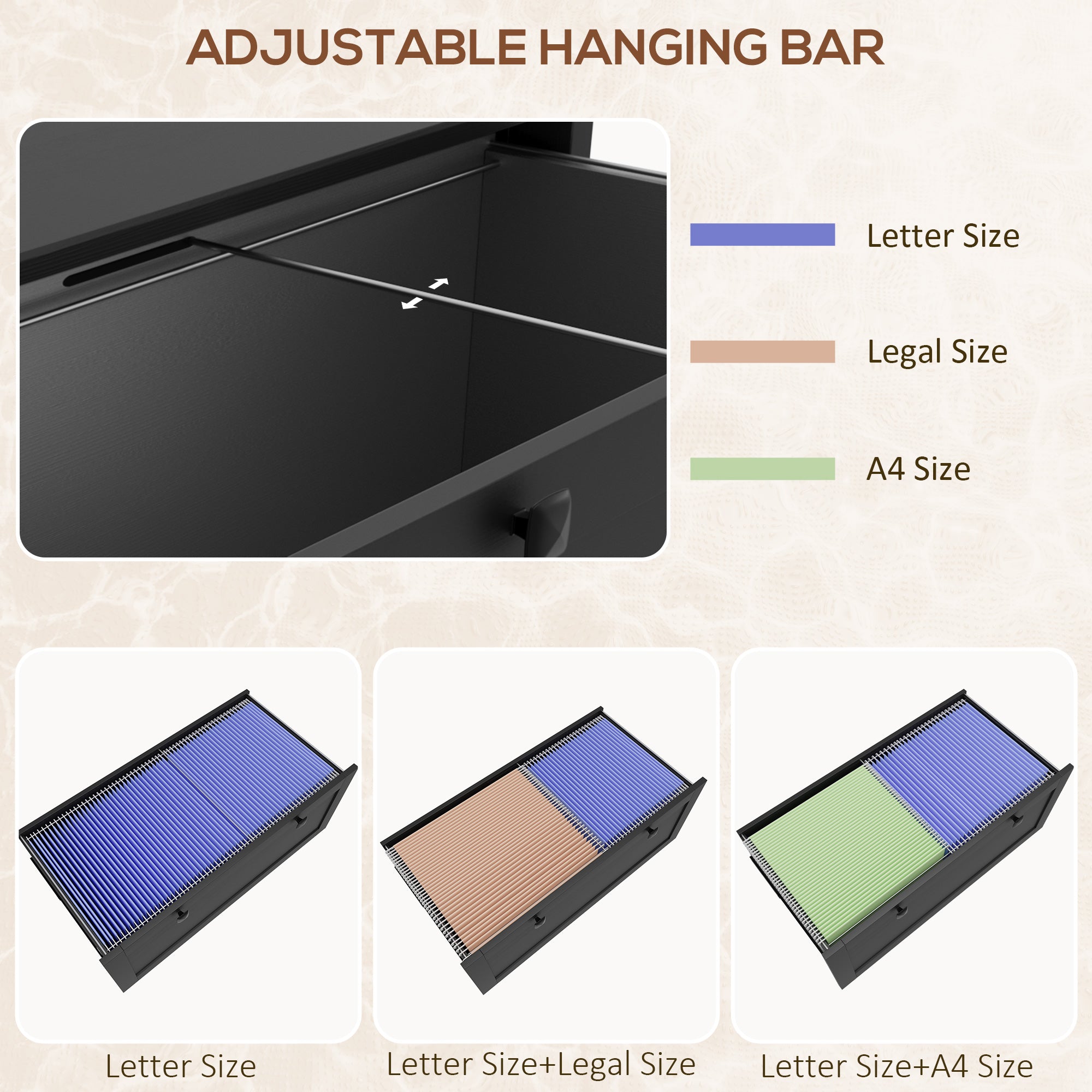 2 Drawer File Cabinet with Lock and Adjustable Hanging Bar Black