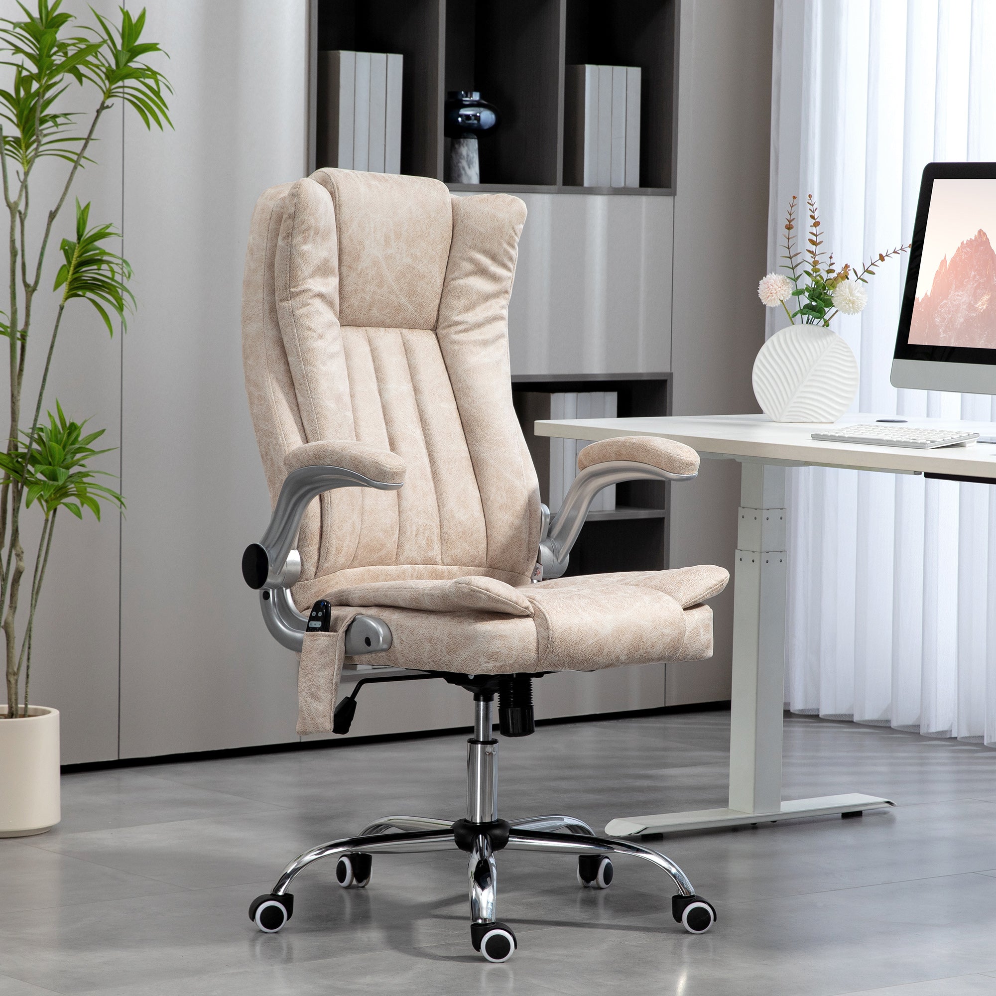 6-Point Massage Office Chair w/ Heat, Flip up Armrest & Swivel Wheels, Cream White