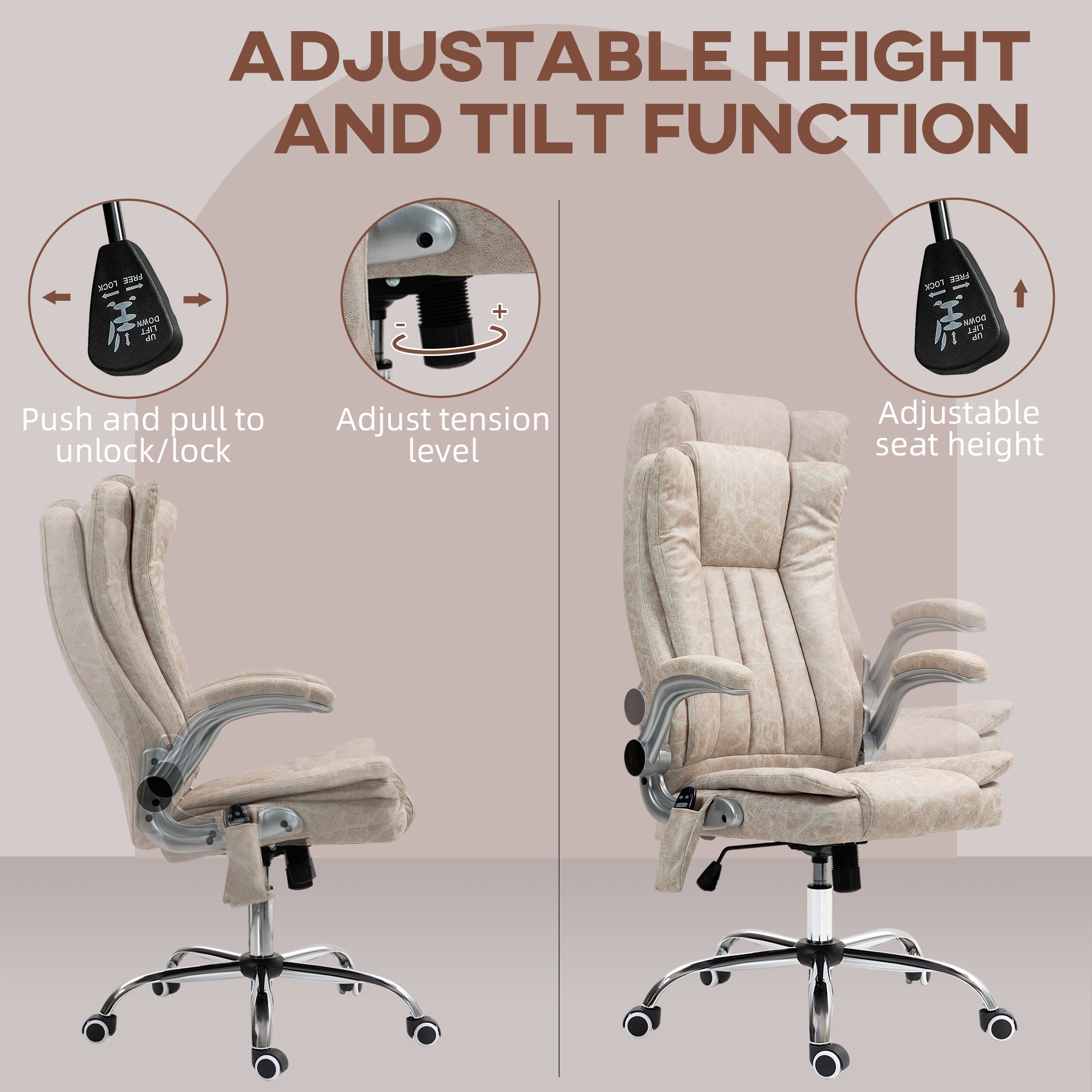 6-Point Massage Office Chair w/ Heat, Flip up Armrest & Swivel Wheels, Cream White