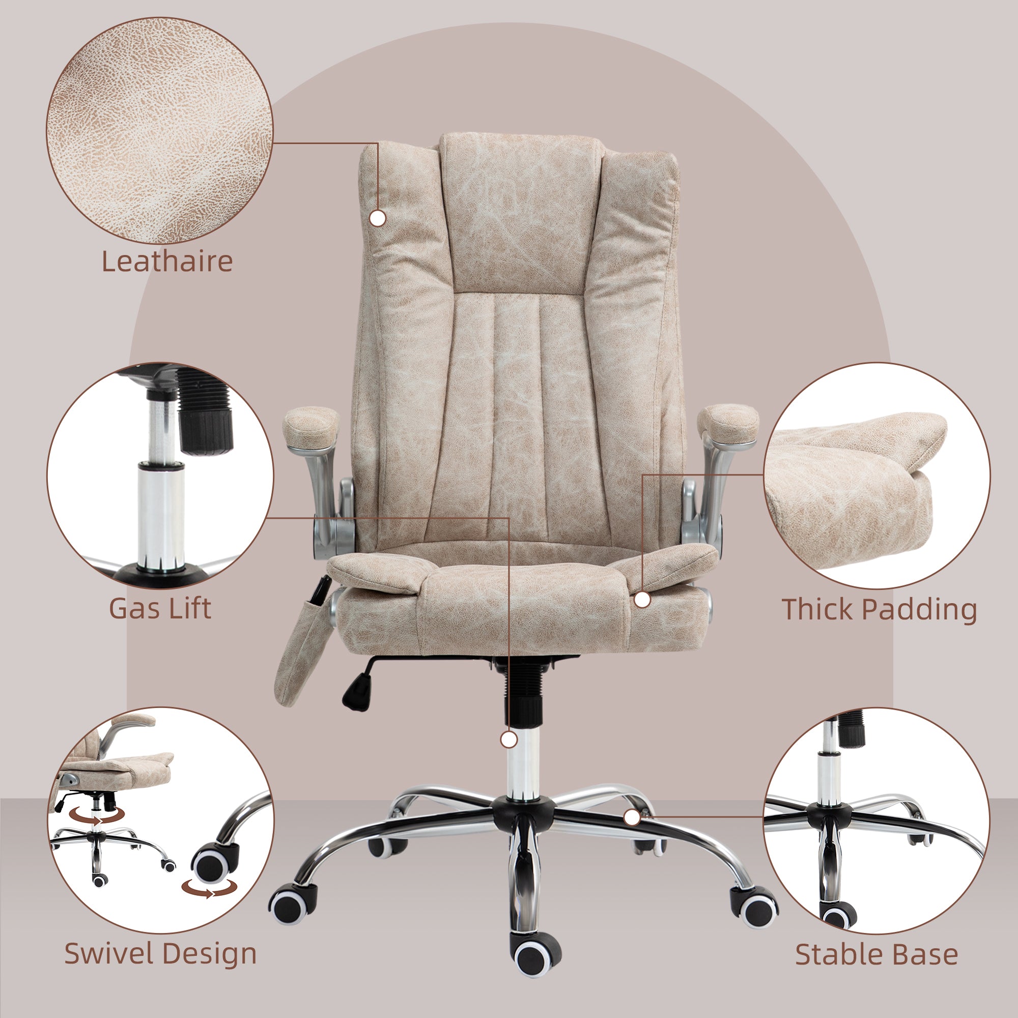 6-Point Massage Office Chair w/ Heat, Flip up Armrest & Swivel Wheels, Cream White