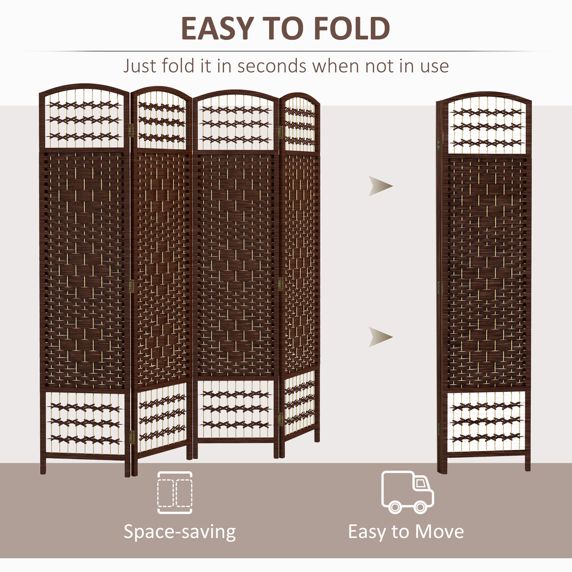 4 Panel Folding Room Divider, Portable Privacy Screen, Wave Fiber, Brown