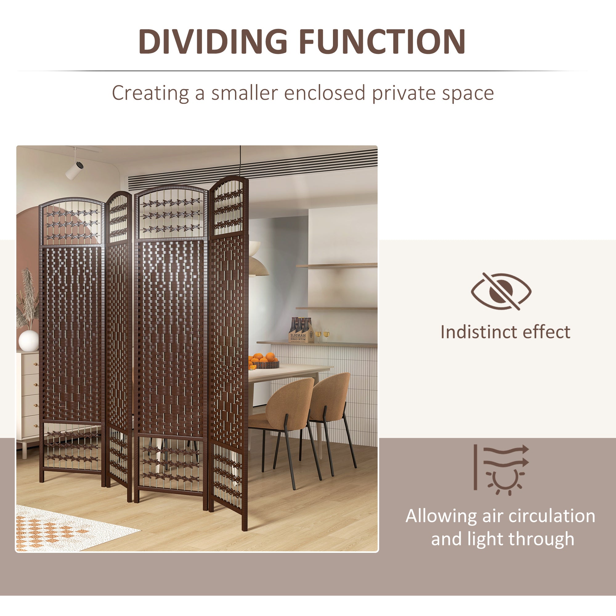 4 Panel Folding Room Divider, Portable Privacy Screen, Wave Fiber, Brown