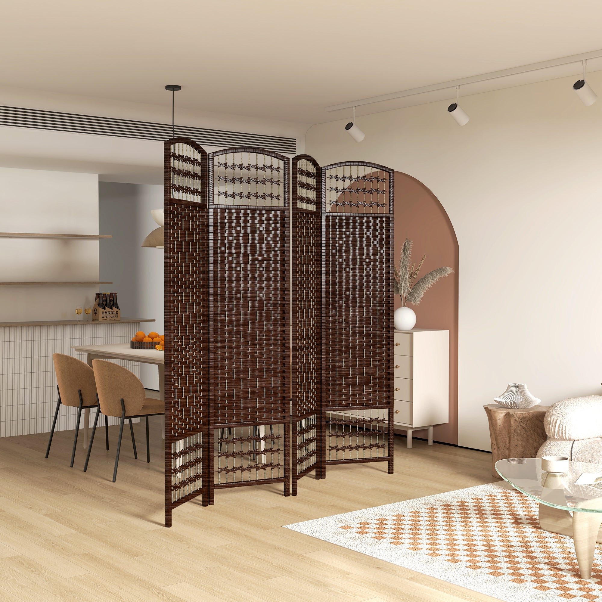 4 Panel Folding Room Divider, Portable Privacy Screen, Wave Fiber, Brown
