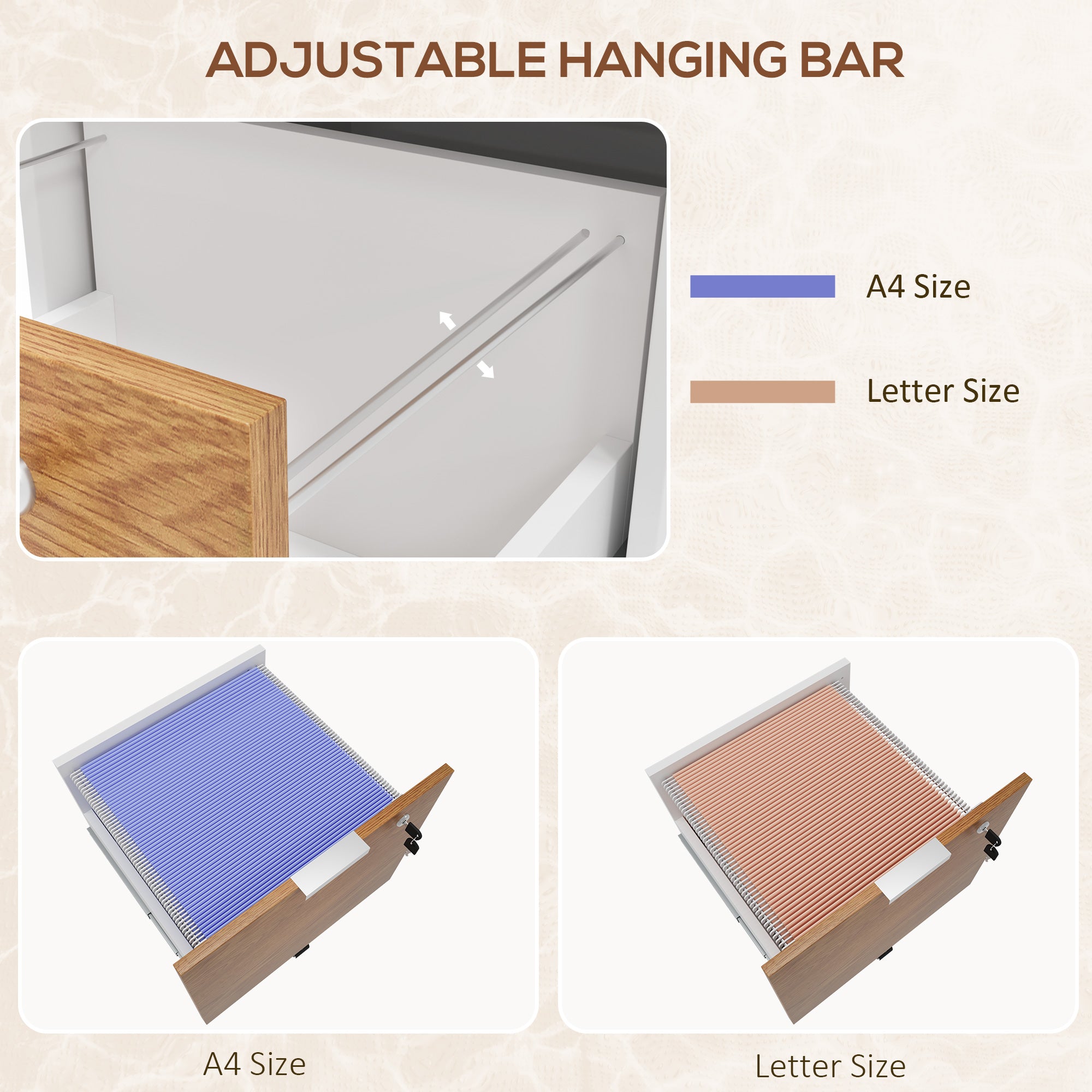 HOMCOM 2 Drawer Filing Cabinet with Lock and Wheels, Mobile File Cabinet with Adjustable Hanging Bars for A4 and Letter, Under Desk Office Cabinet, White and Natural Wood Effect