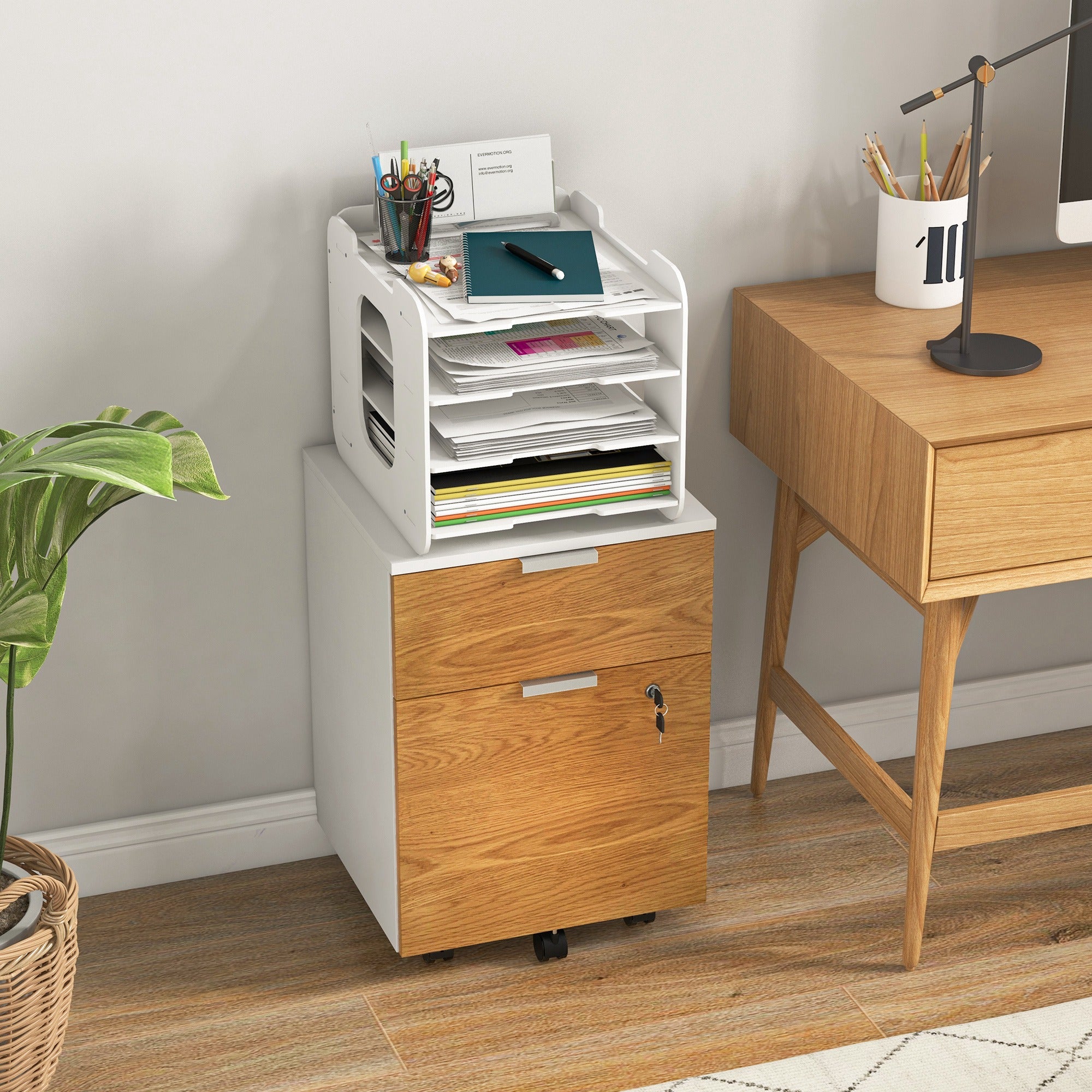 HOMCOM 2 Drawer Filing Cabinet with Lock and Wheels, Mobile File Cabinet with Adjustable Hanging Bars for A4 and Letter, Under Desk Office Cabinet, White and Natural Wood Effect