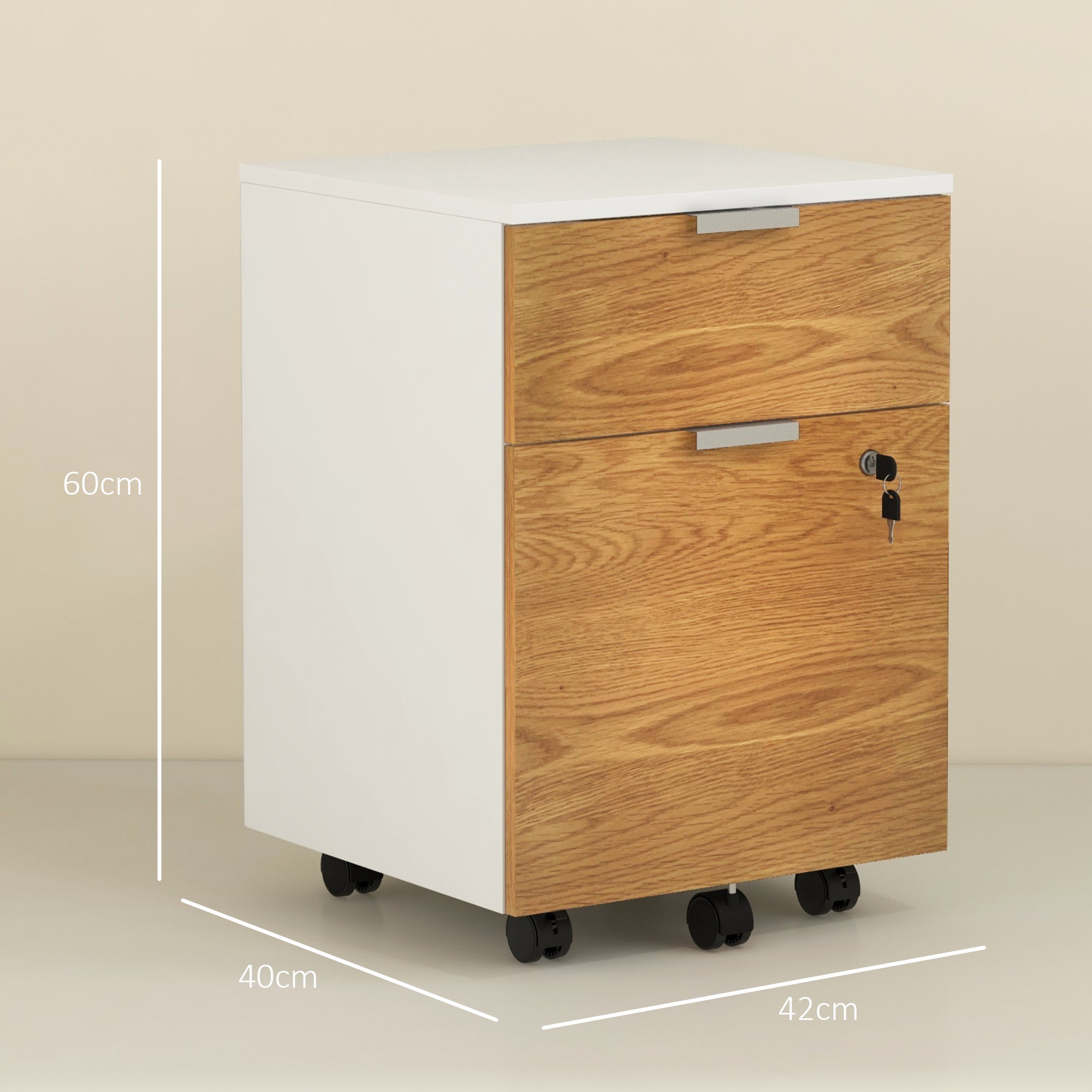 HOMCOM 2 Drawer Filing Cabinet with Lock and Wheels, Mobile File Cabinet with Adjustable Hanging Bars for A4 and Letter, Under Desk Office Cabinet, White and Natural Wood Effect