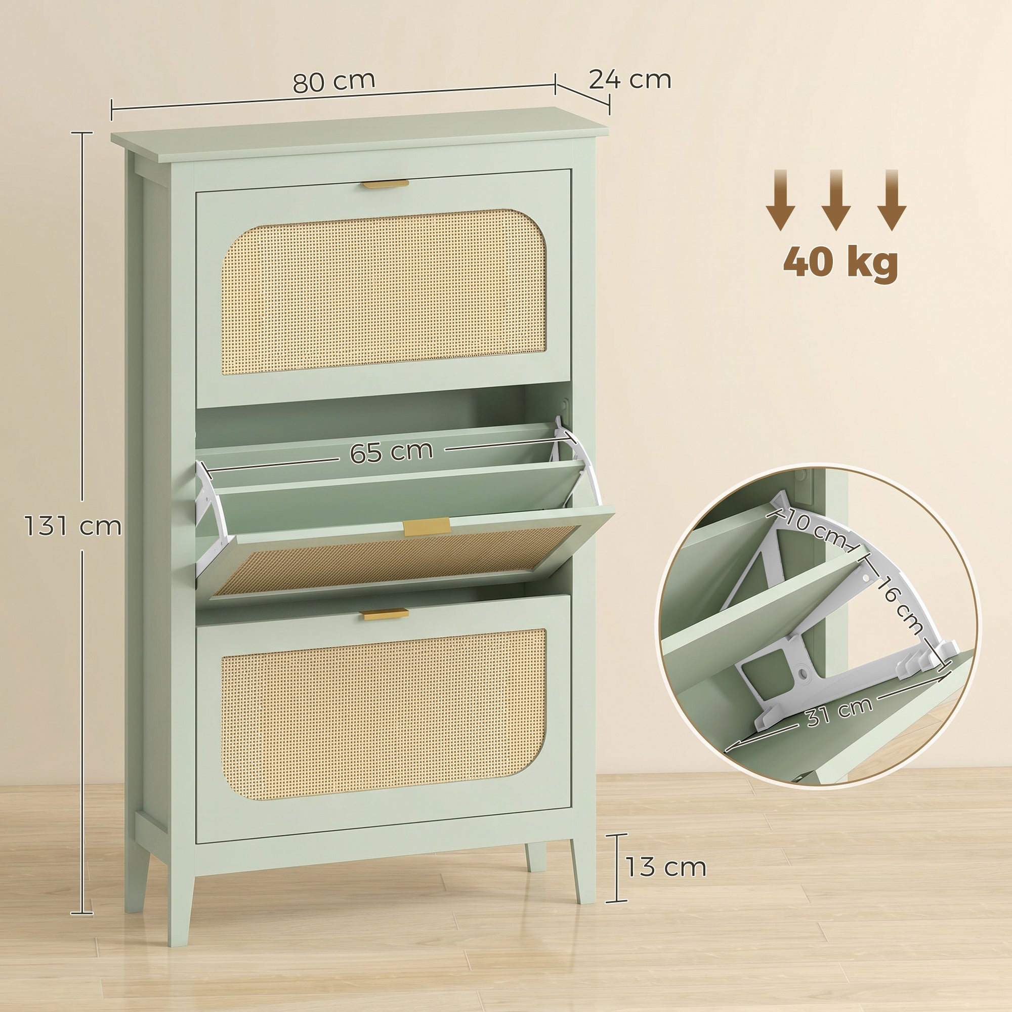 Shoe Storage Cabinet with 3 Flip Drawers, Boho Slim Shoe Cabinet with Rattan Doors for Entryway, Hallway, Holds 21 Pairs, Light Green