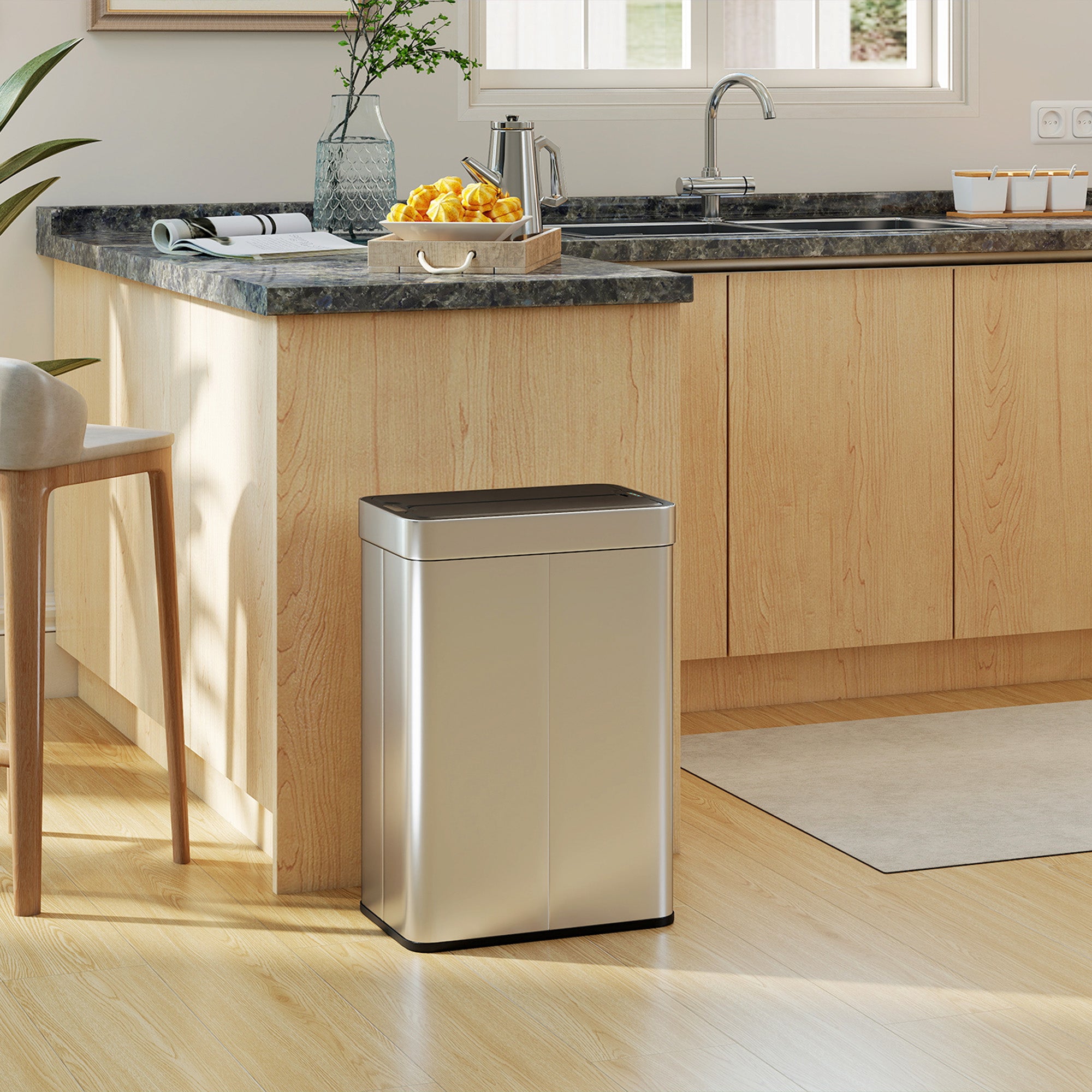 55L Sensor Bin, Large Automatic Touchless Rubbish Bin with Soft-Close Lid, Fingerprint-Proof Stainless Steel, Rectangular Trash Can for Kitchen, Gym, Home Office, Silver Tone
