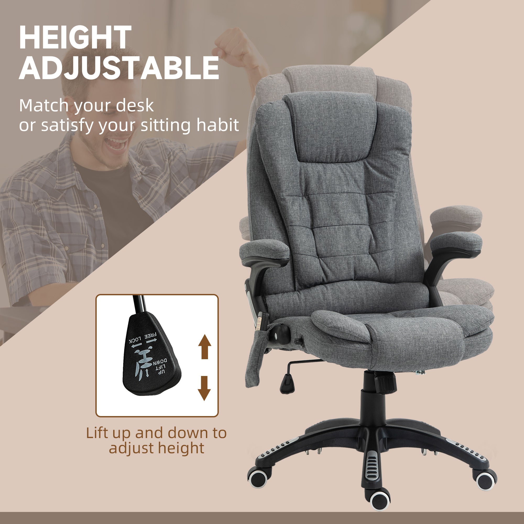 Vinsetto 6 Point Vibrating Massage Home Office Chair High Back Executive Chair with Reclining Back, Swivel Wheels, Grey